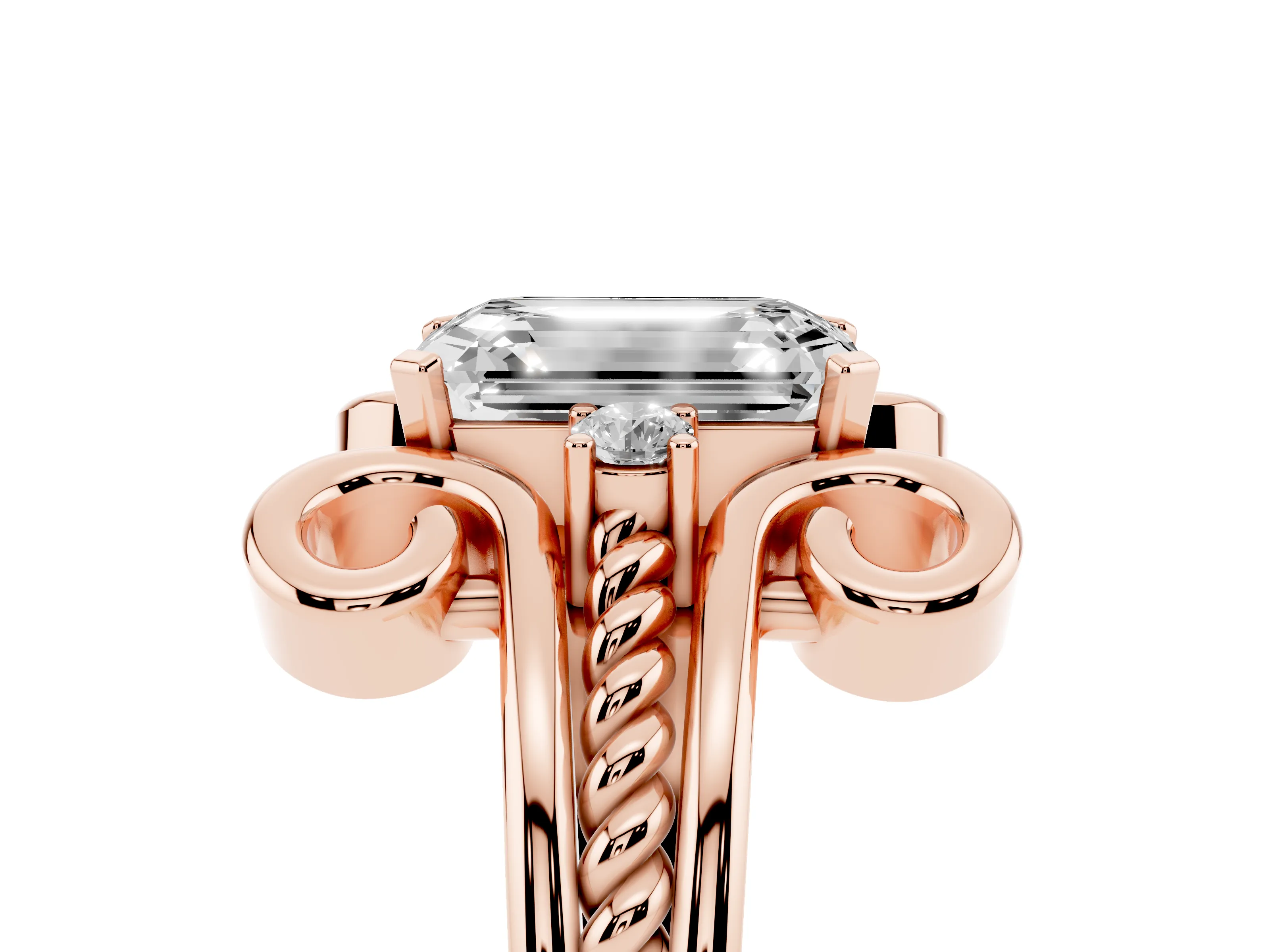 Emerald Cut Diamond Twisted Band Solitaire Ring Set in Rose gold with Scroll Prongs