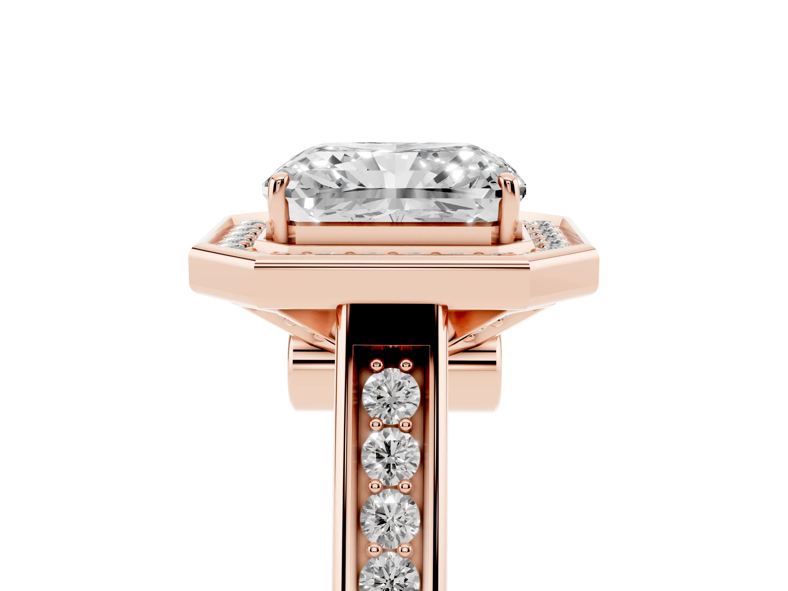 Emerald Cut Diamond Halo Solitaire Ring Set in Rose gold with Pavé Band and Bezel Setting