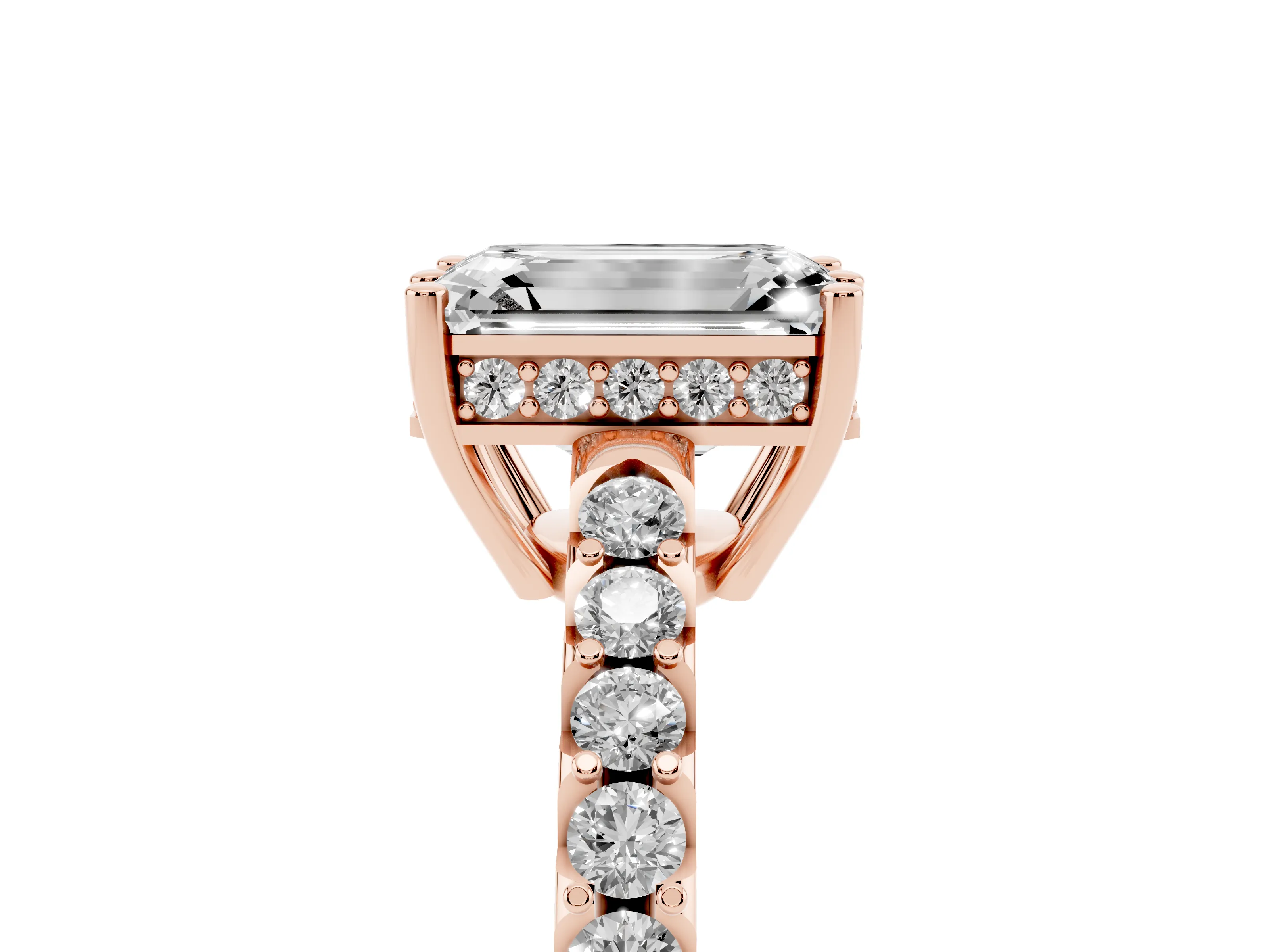 Emerald Cut Diamond Solitaire Engagement Ring Set in Rose gold with Pavé Band and Prong Setting