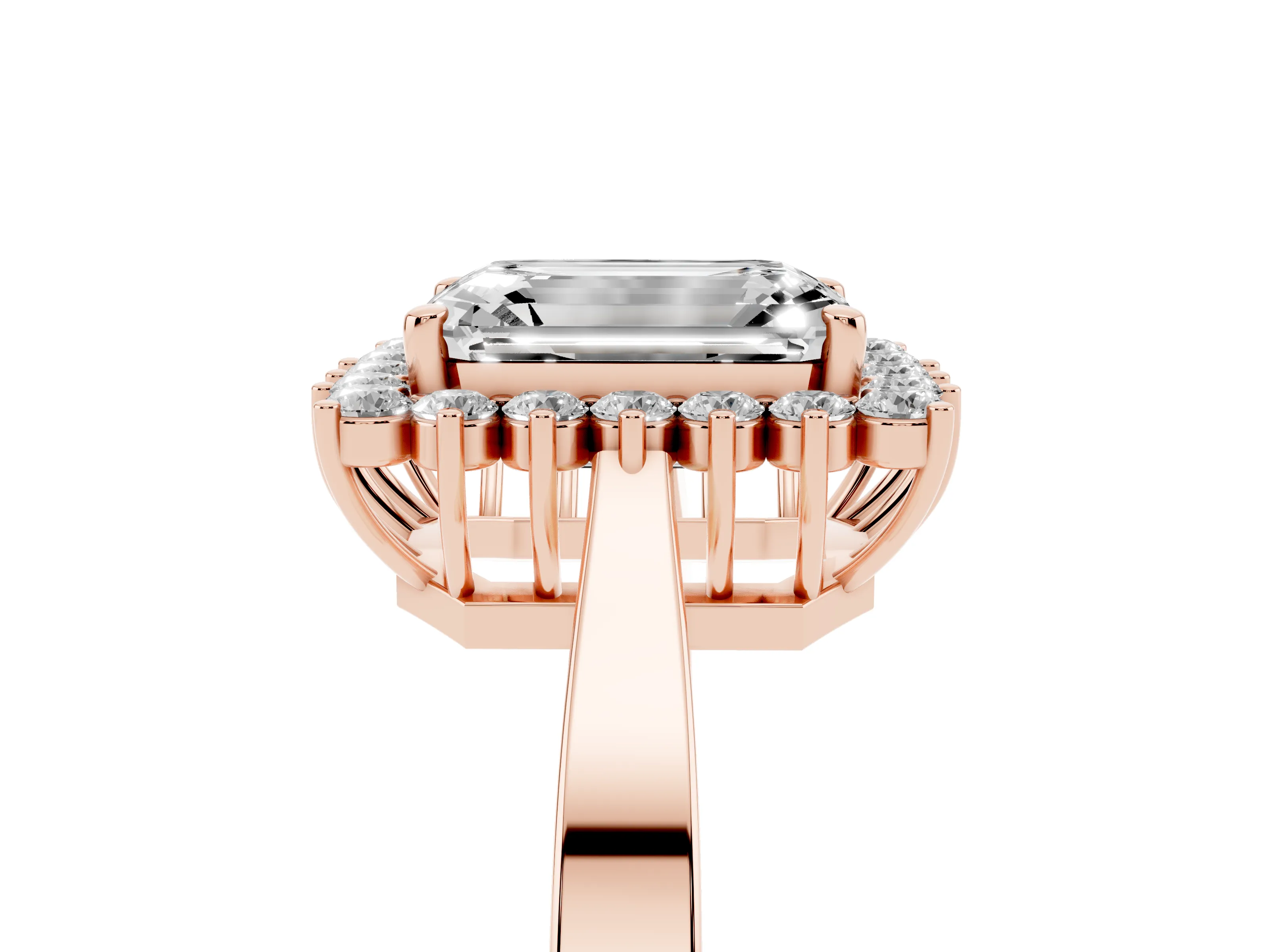 Emerald Cut Diamond Halo Ring Set in Rose gold with Round Halo and Smooth Solitaire Band