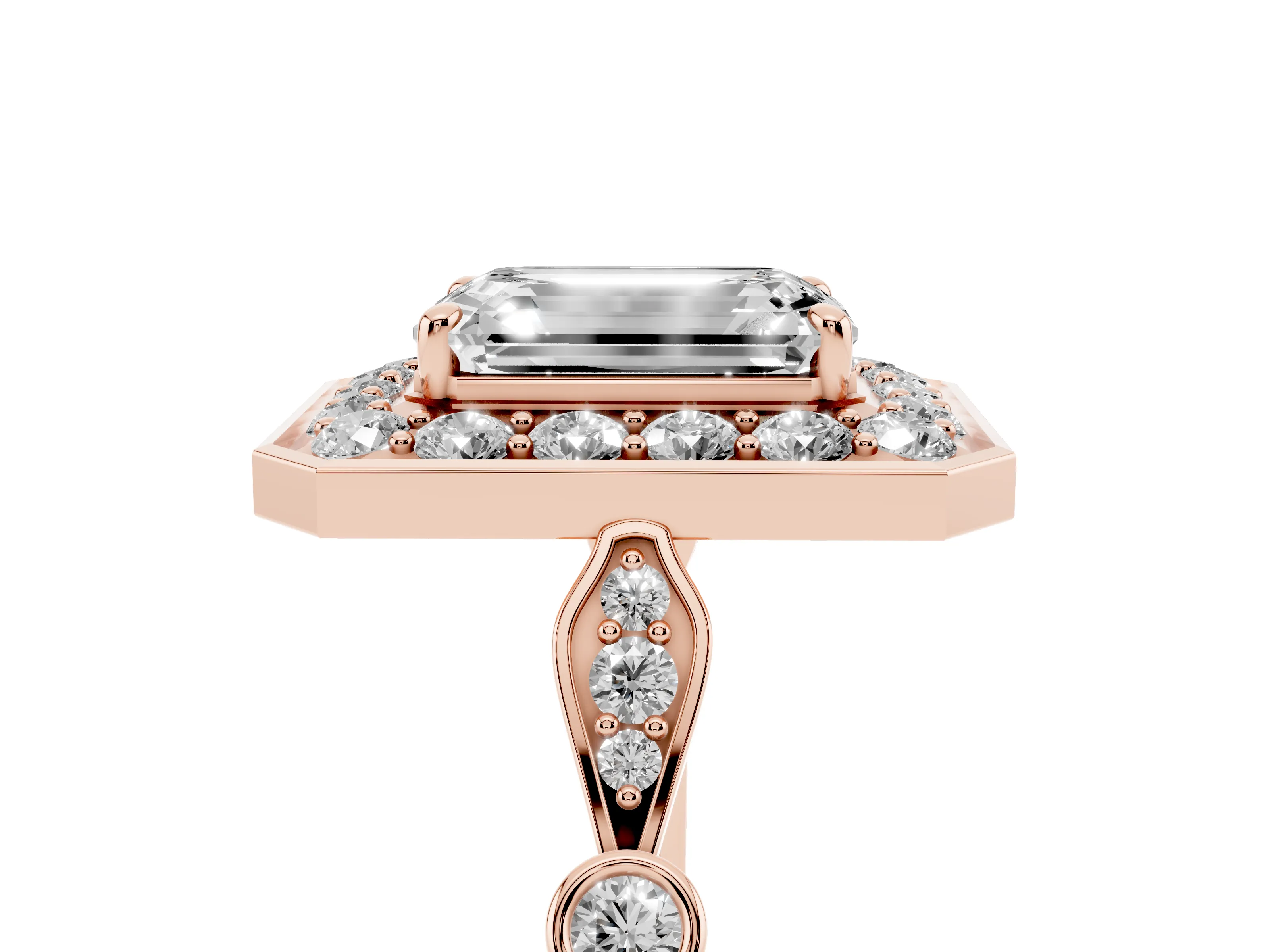 Emerald Cut Diamond Halo Engagement Ring Set in Rose gold with Twisted Band and Prong Setting