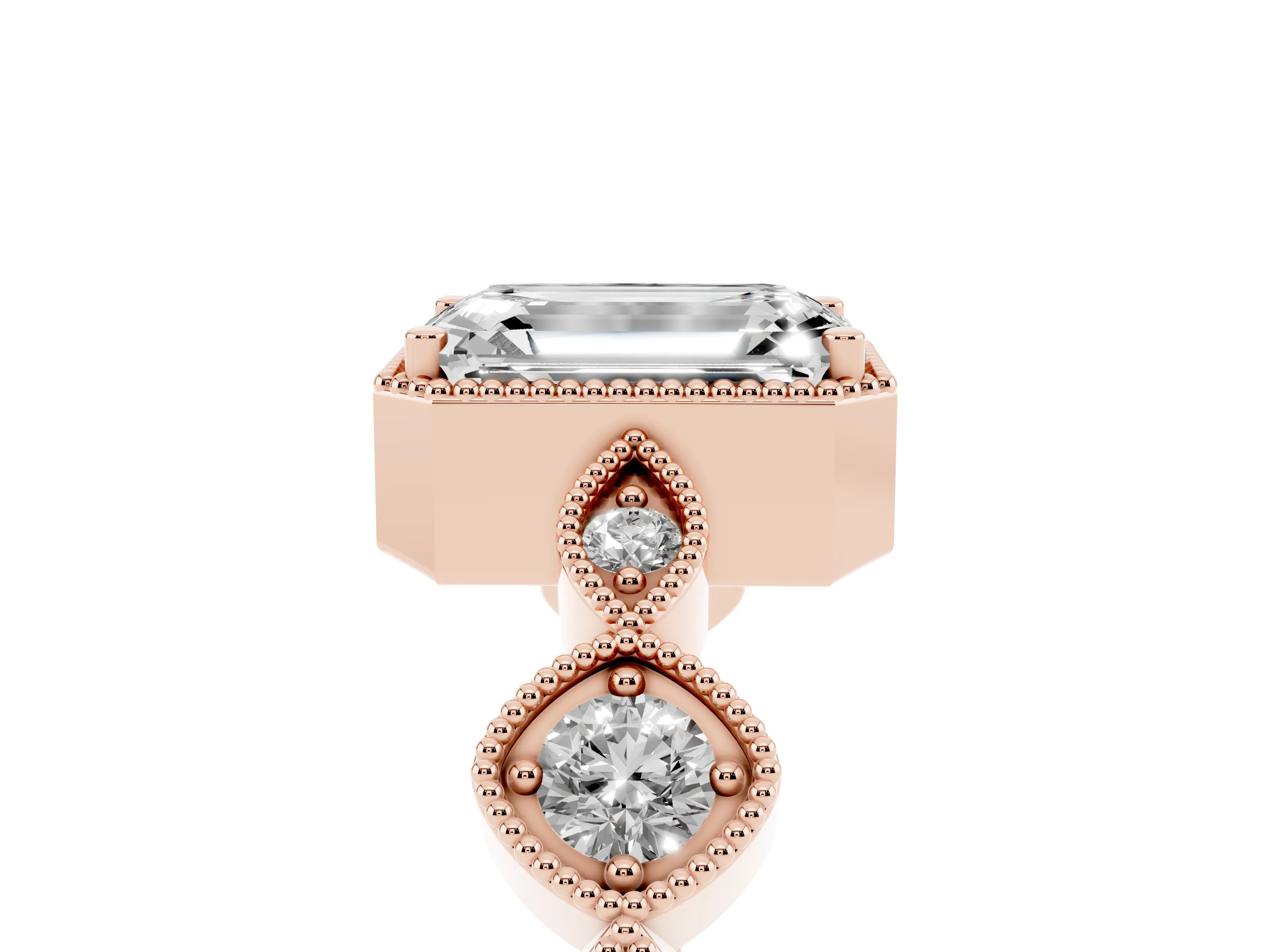 Emerald Cut Diamond Vintage-Inspired Milgrain Ring Set in Rose gold with Marquise Stations of Round Accents