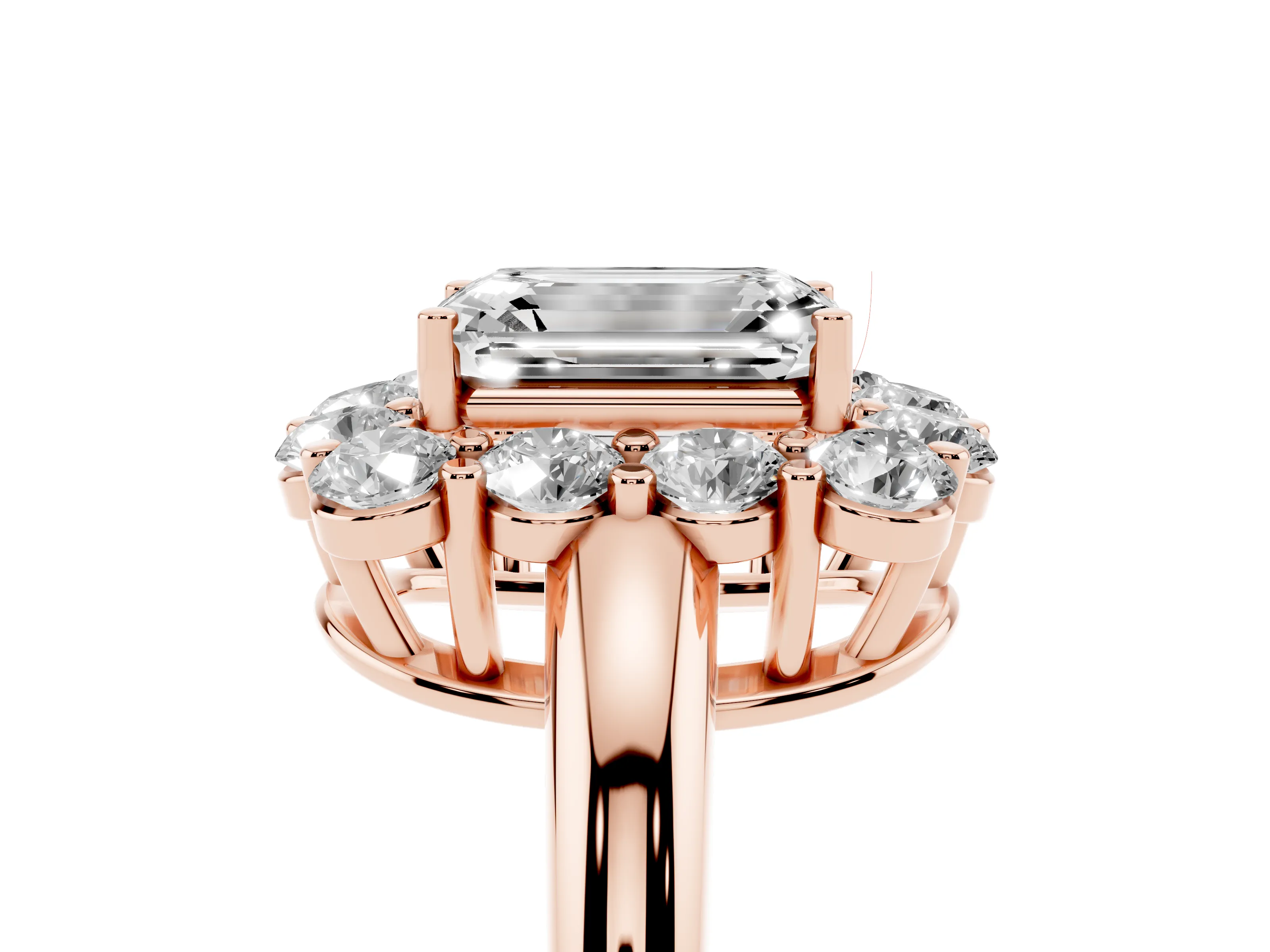 Emerald Cut Diamond Halo Cluster Engagement Ring Set in Rose gold with Polished Band and Prong Setting