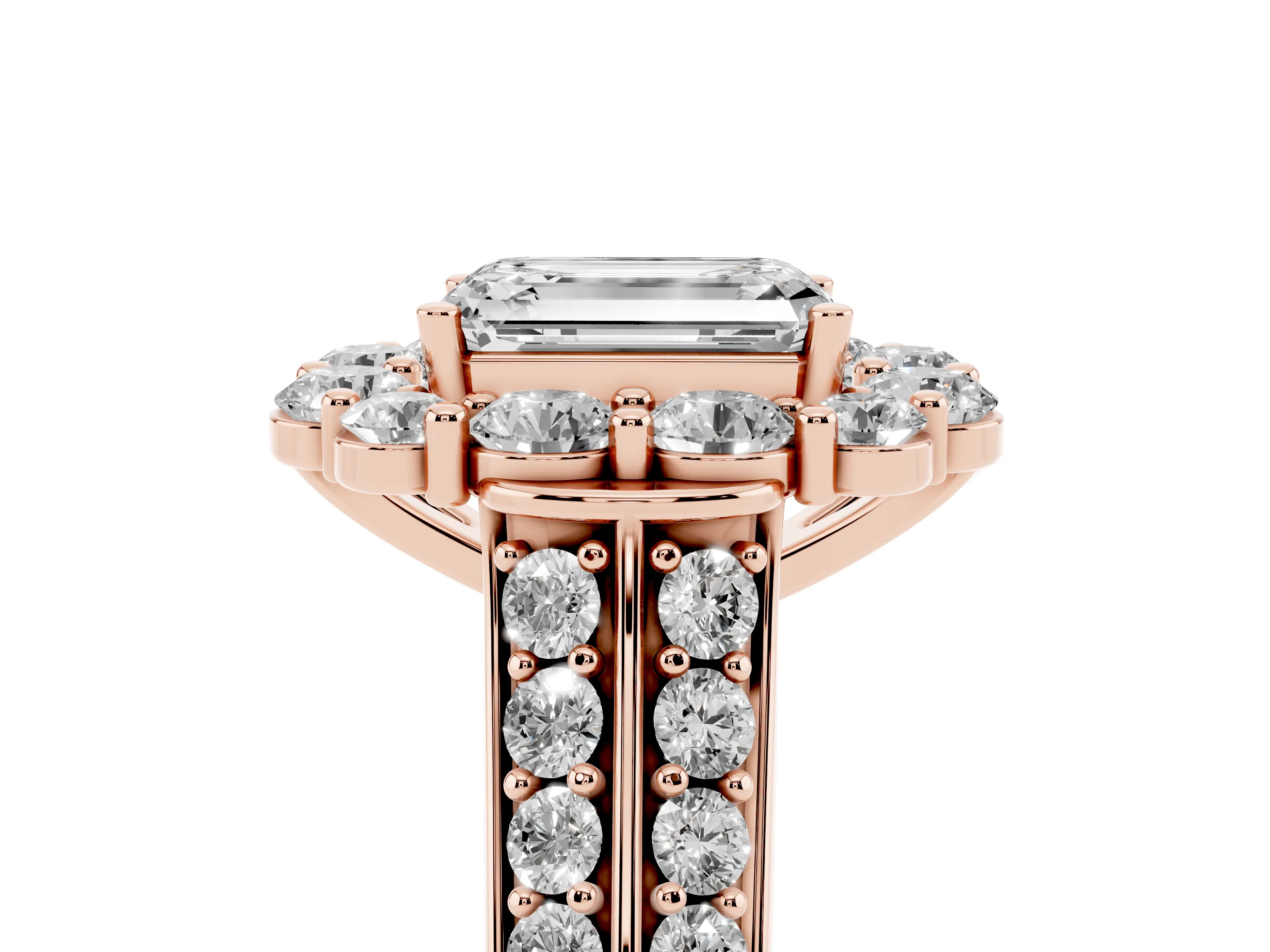 Emerald Cut Diamond Halo Engagement Ring Set in Rose gold with Split Shank and Prong Setting
