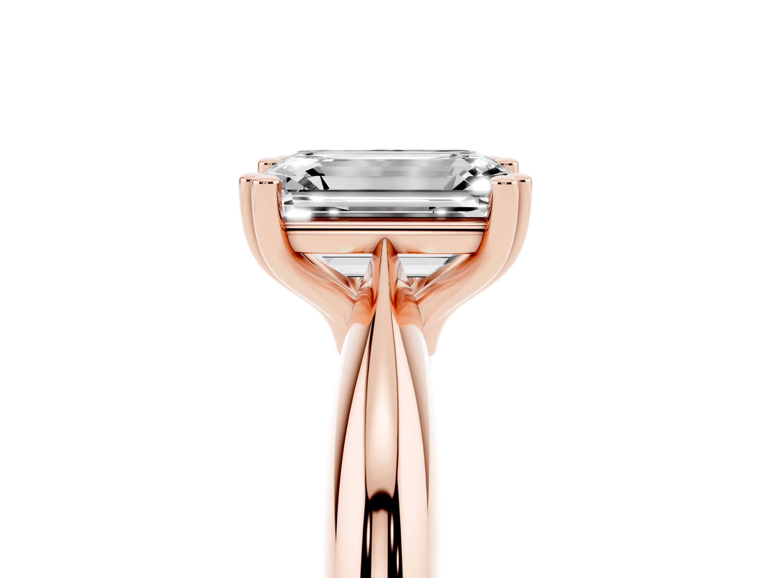Emerald Cut Diamond Solitaire Engagement Ring Set in Rose gold with Tapered Band and Prong Setting