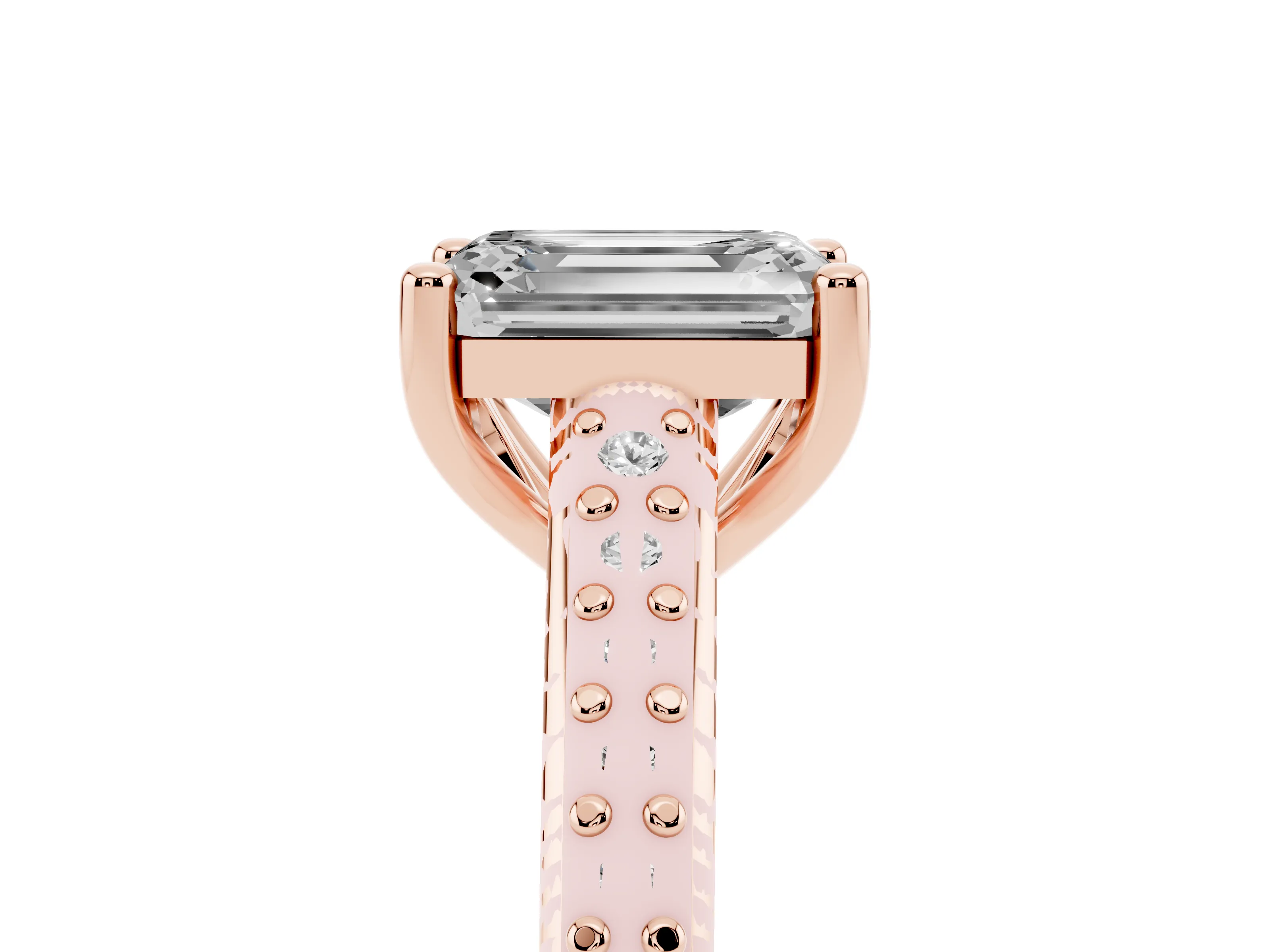 Emerald Cut Diamond Prong Set Solitaire Engagement Ring Set in Rose gold with Pavé Band