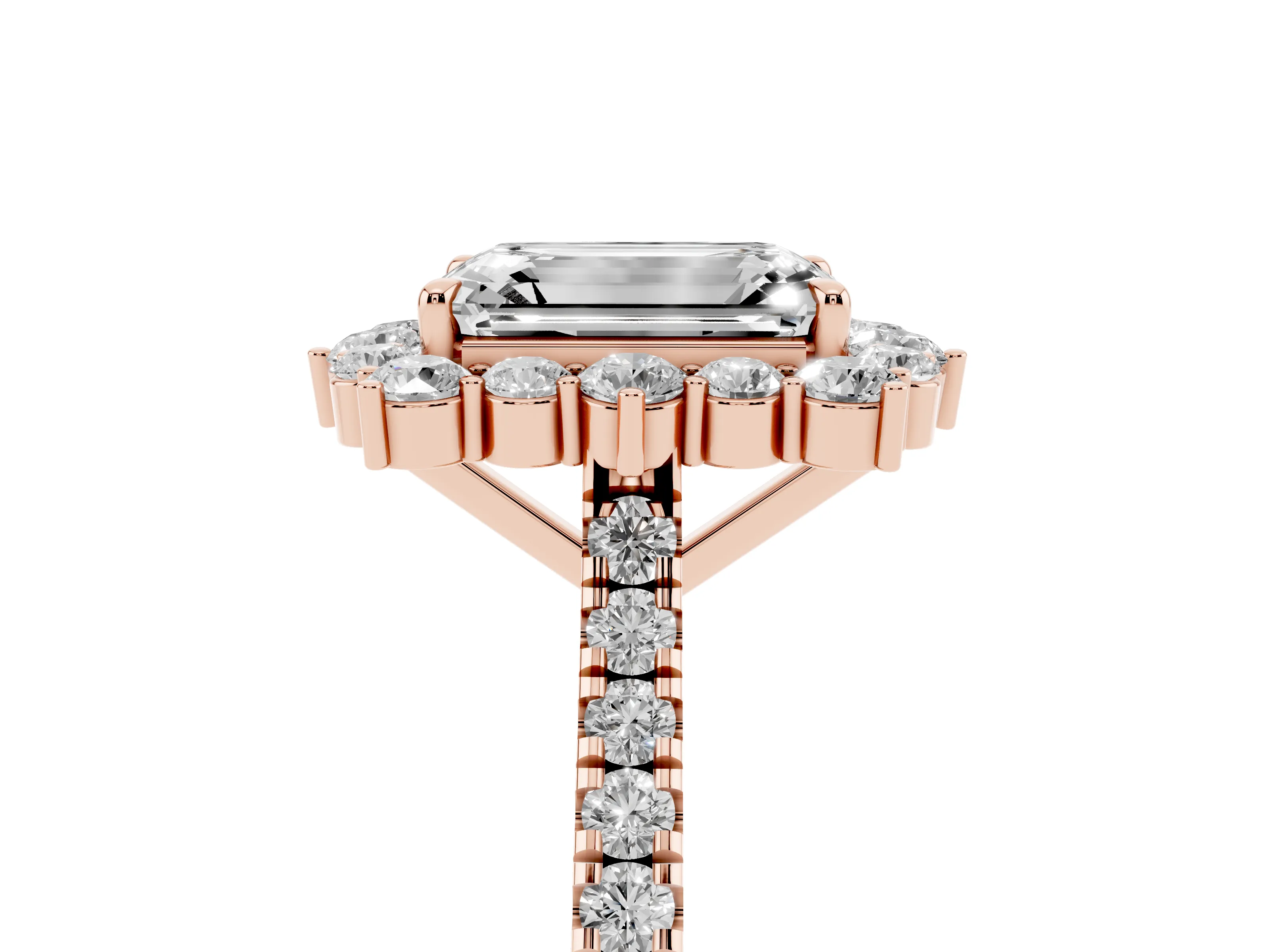 Emerald Cut Diamond Halo Ring Set in Rose gold with Pavé Band and Prong Setting
