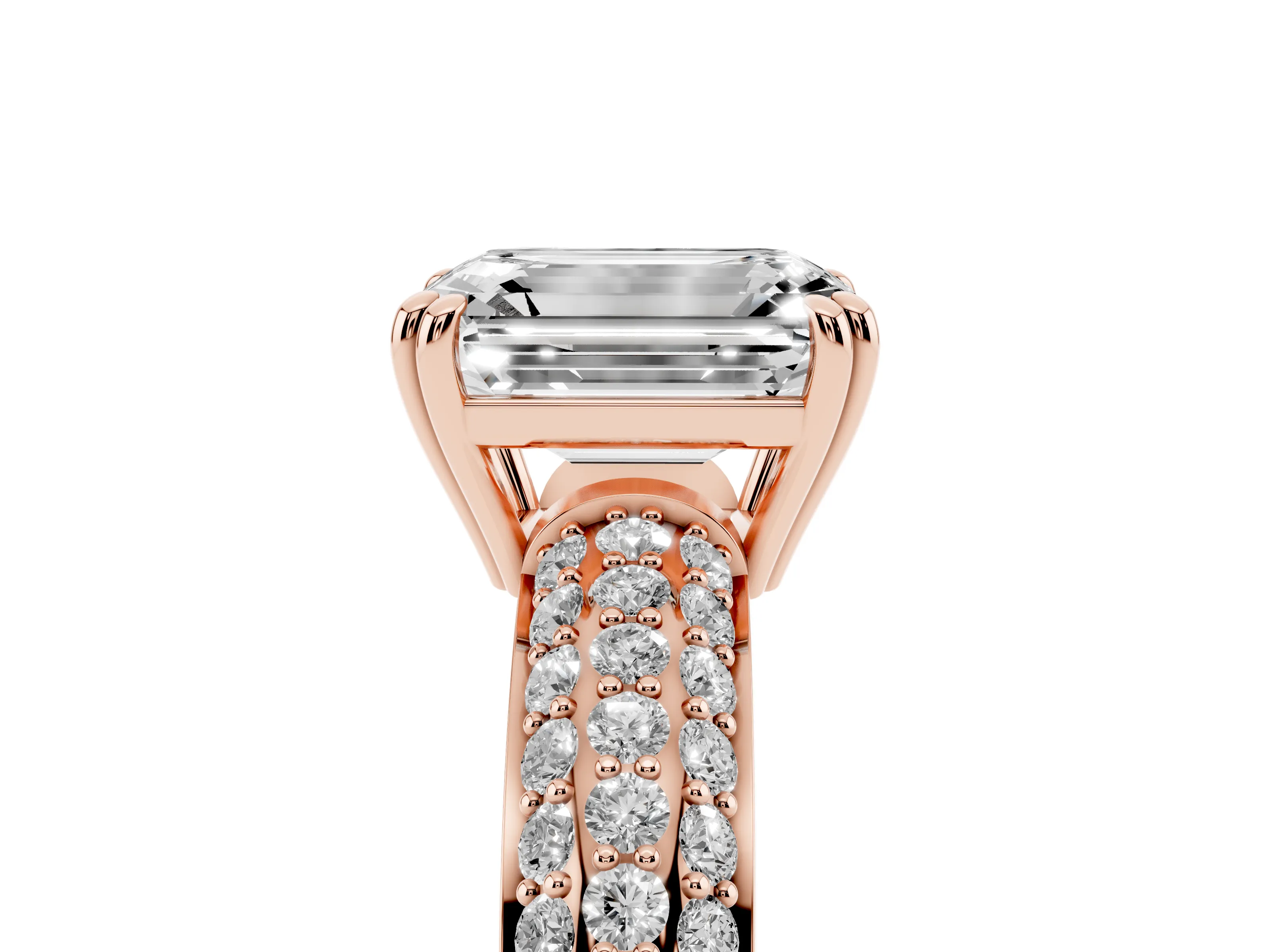 Emerald Cut Diamond Solitaire Ring Set in Rose gold with Multi-Row Round Pavé Band and Prong Setting