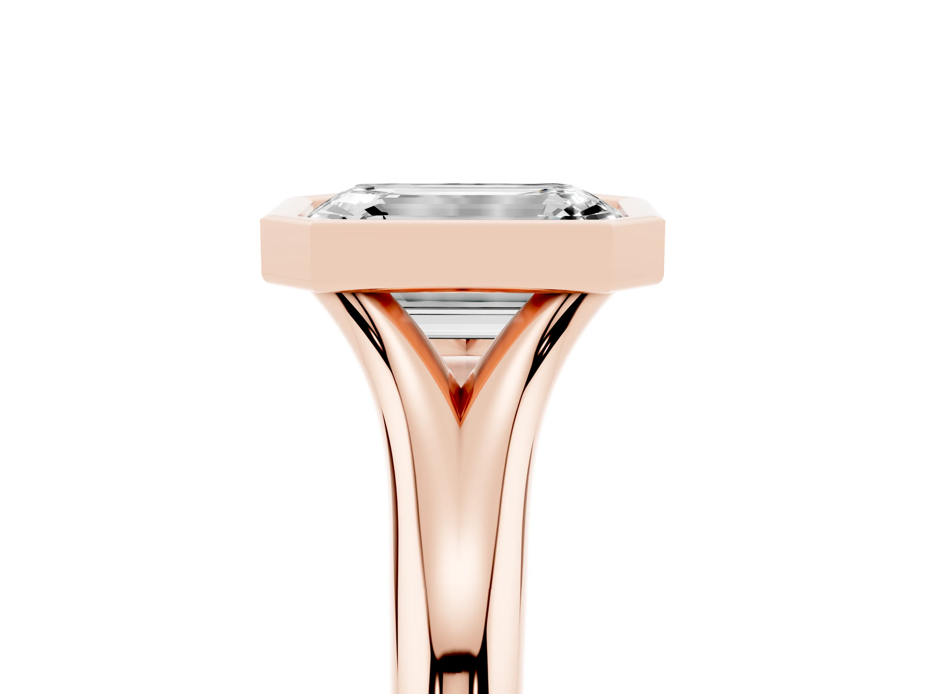 Bezel Set Emerald Cut Diamond Solitaire Ring Set in Rose gold with Smooth Band