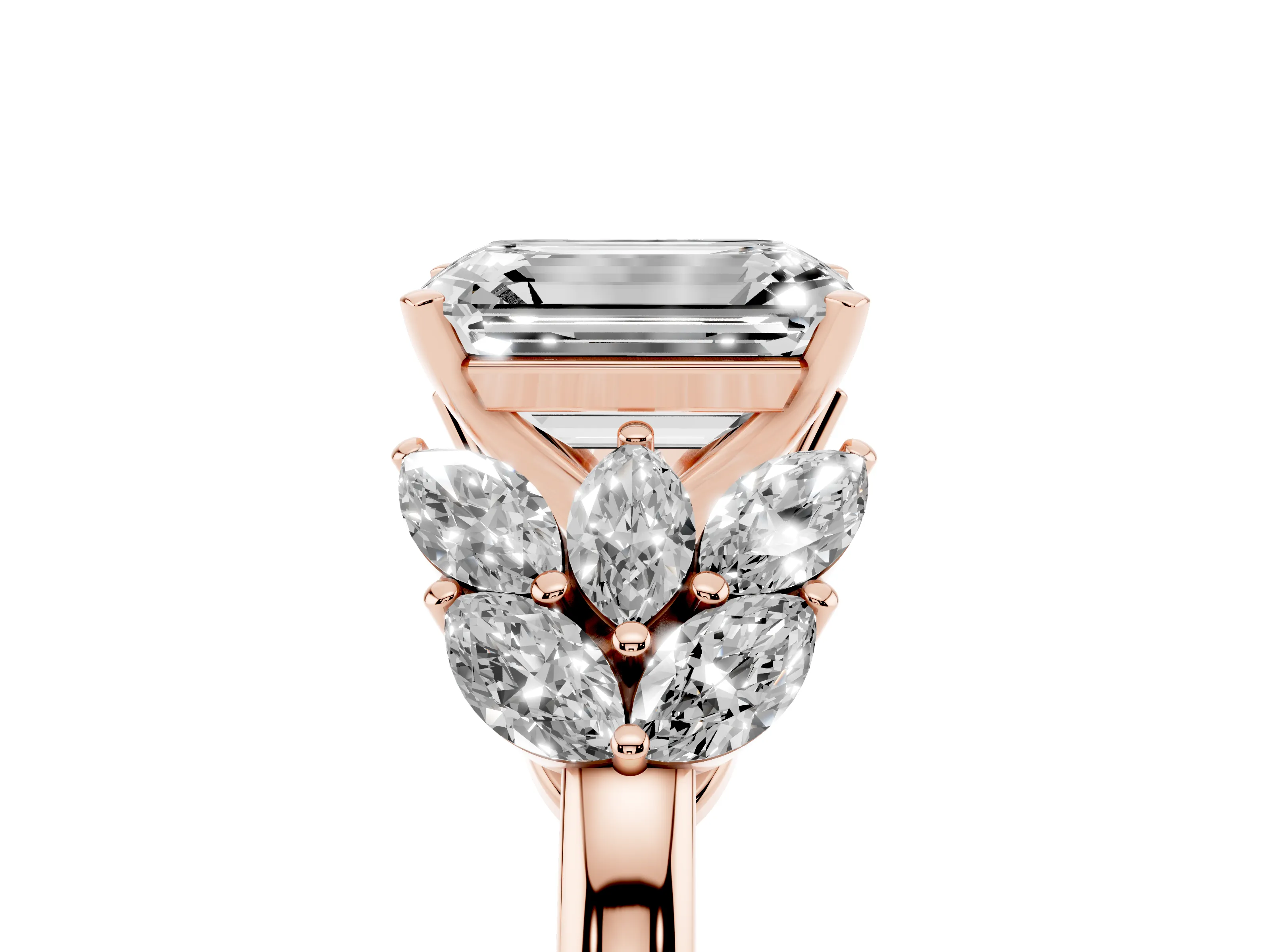 Emerald Cut Diamond Cluster Leaf Design Ring Set in Rose gold with Prong Setting