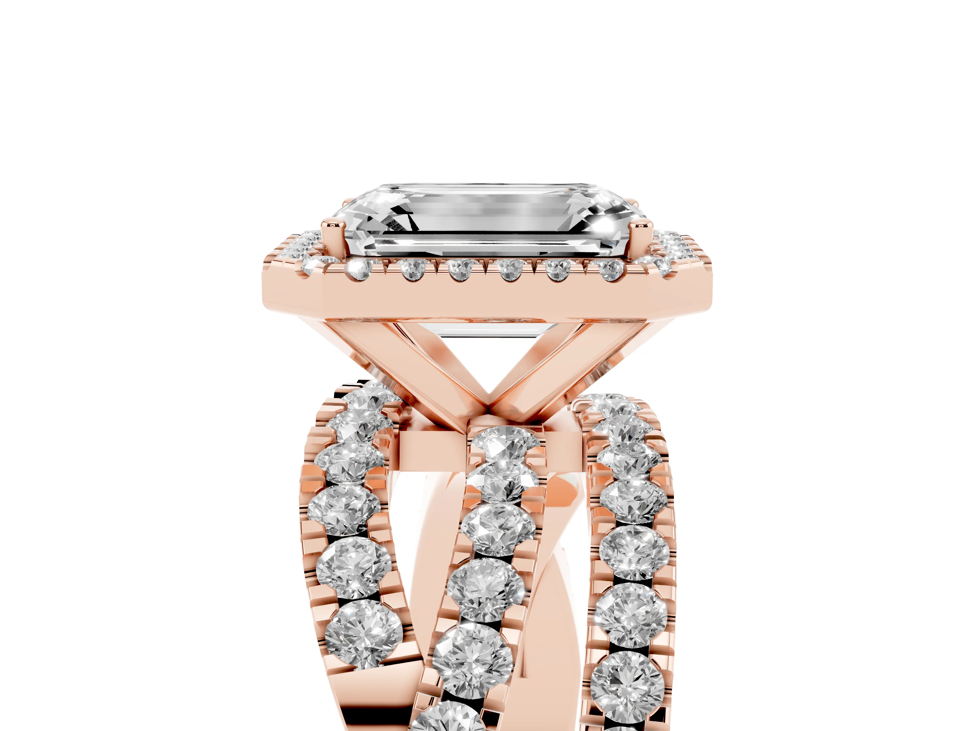 Emerald Cut Diamond Halo Ring Set in Rose gold with Round Crossover Split Shank and Prong Setting