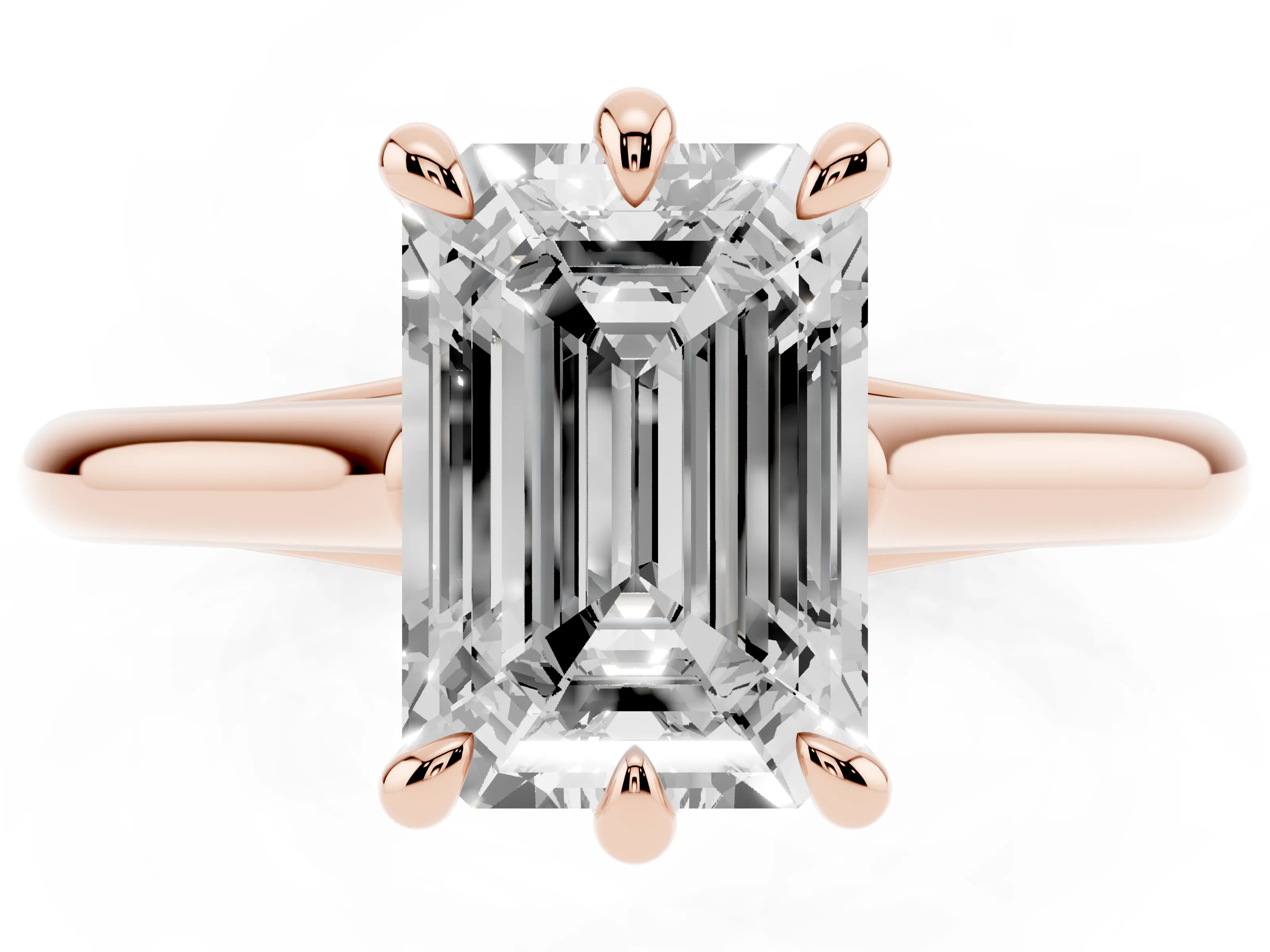 Emerald Cut Diamond Solitaire Engagement Ring Set in Rose gold with Prong Setting and Plain Classic Band