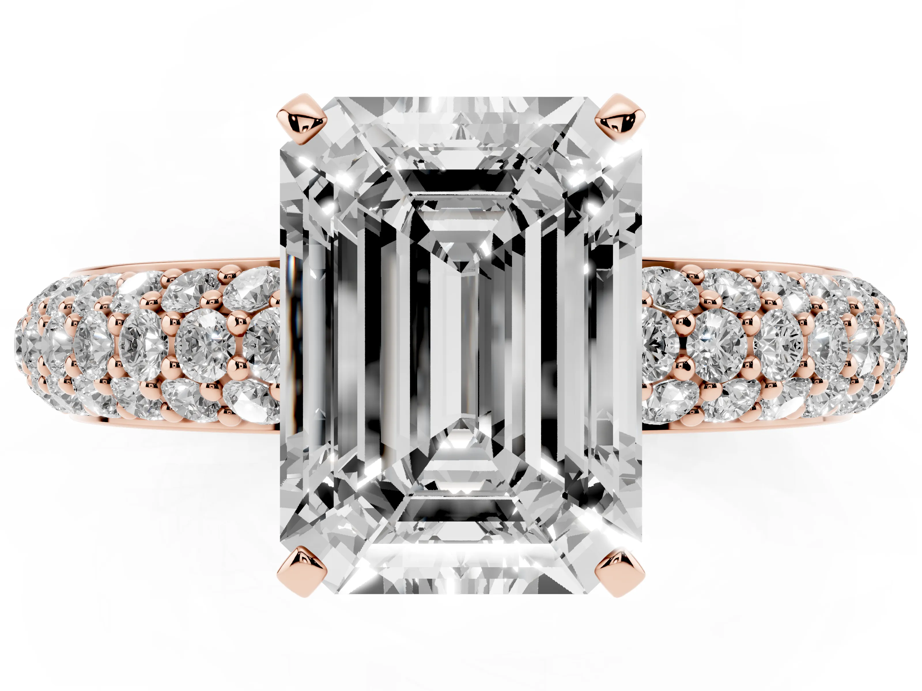 Emerald Cut Diamond Solitaire Ring Set in Rose gold with Prong Setting and Pavé-Set Band