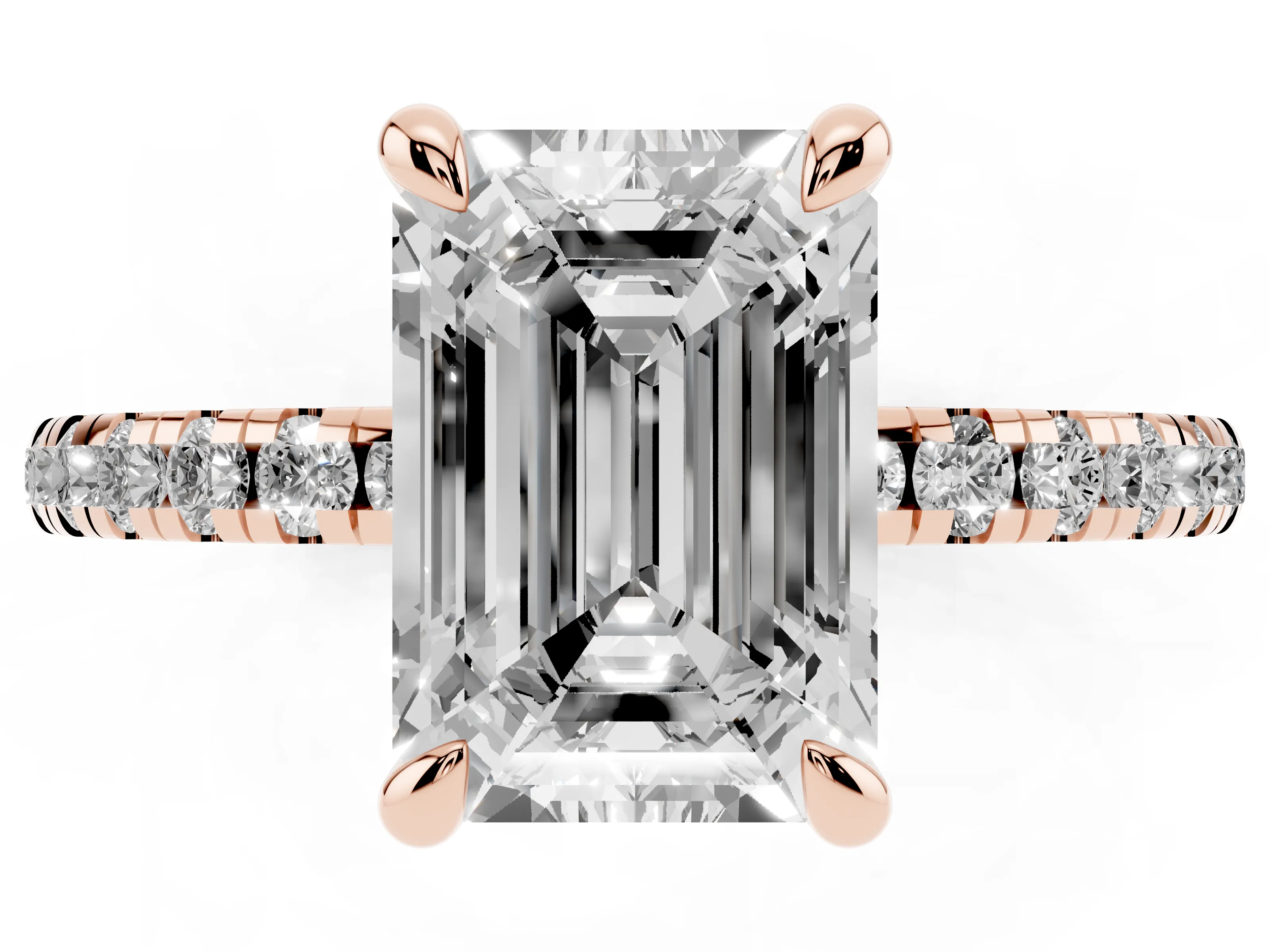 Emerald Cut Diamond Brilliant Solitaire Ring Set in Rose gold with Pavé Band and Prong Setting