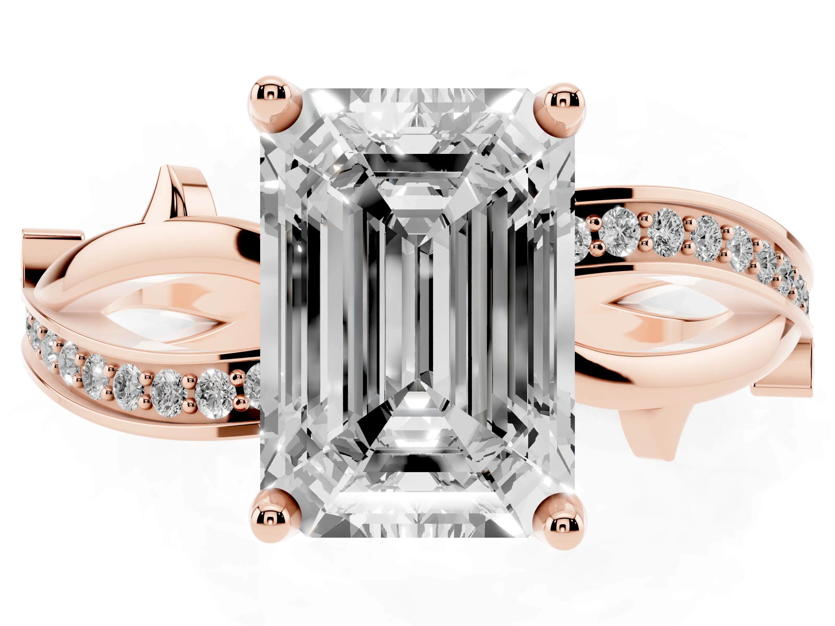 Emerald Cut Diamond Pavé Twist Band Solitaire Ring Set in Rose gold with Prong Setting