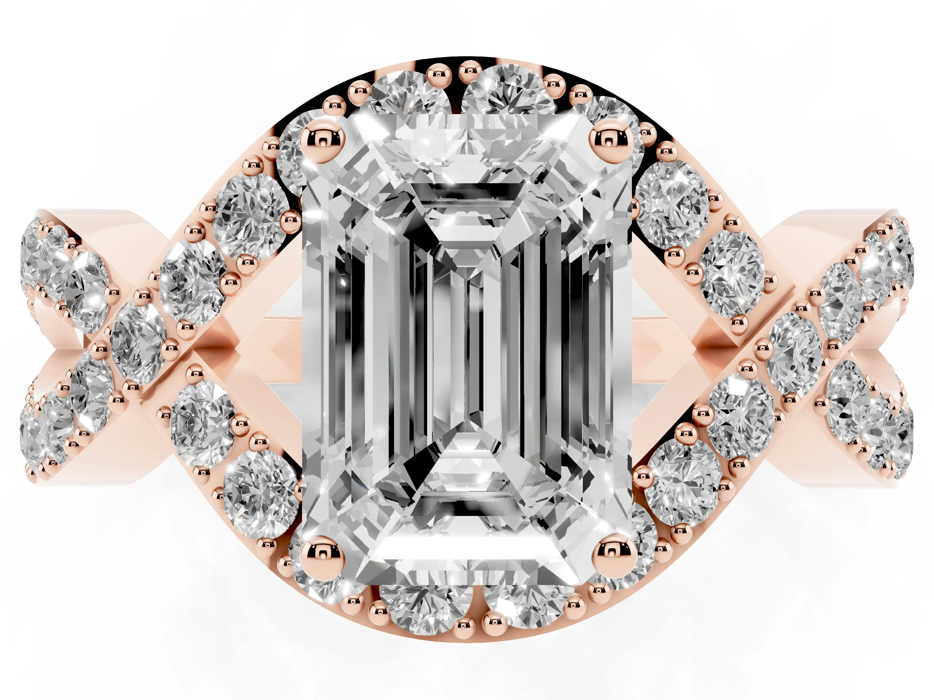 Emerald Cut Diamond Solitaire Twist Band Pavé Engagement Ring Set in Rose gold