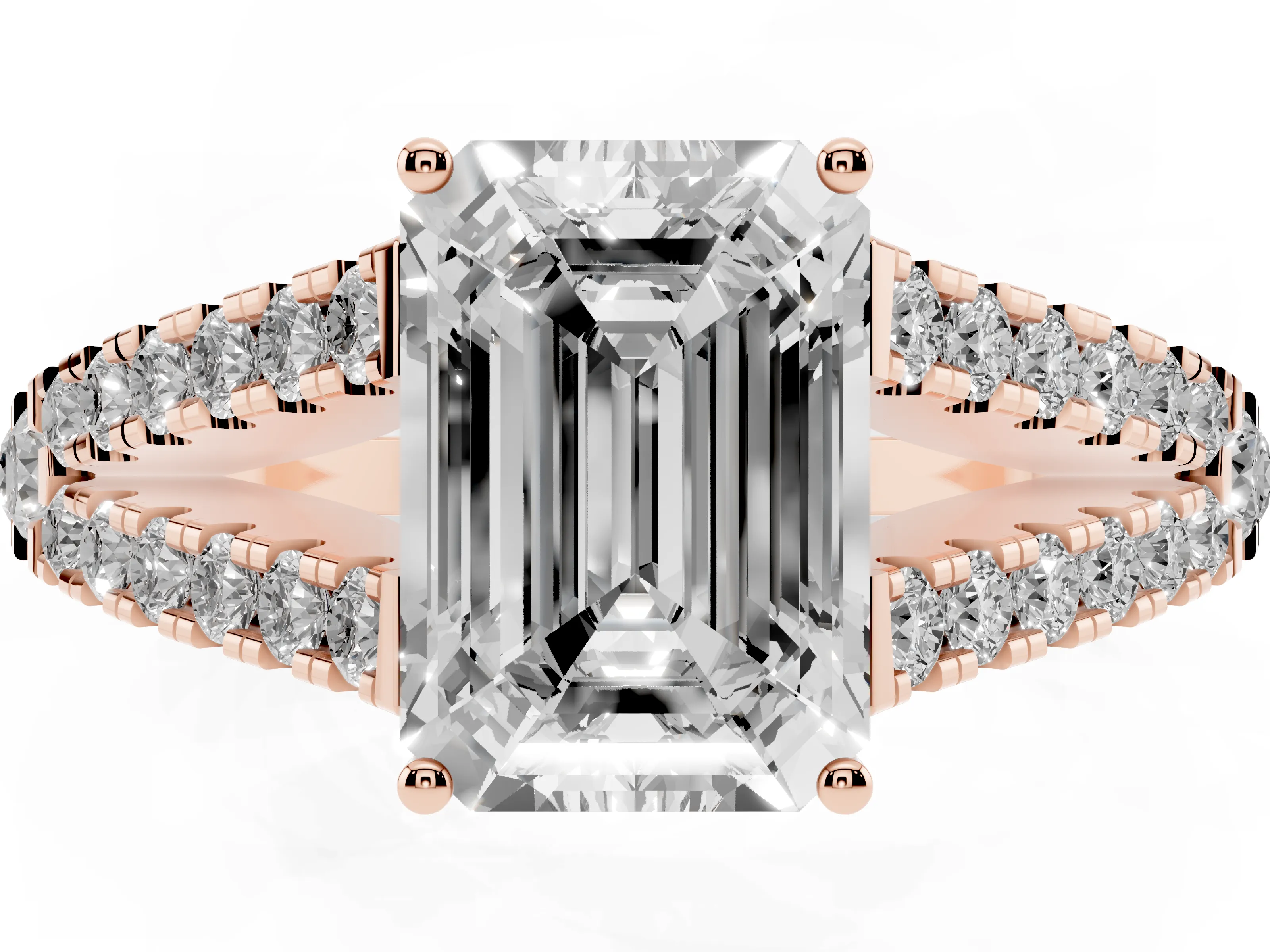 Emerald Cut Diamond Split Shank Pavé Engagement Ring Set in Rose gold with Prong-Held Center Stone