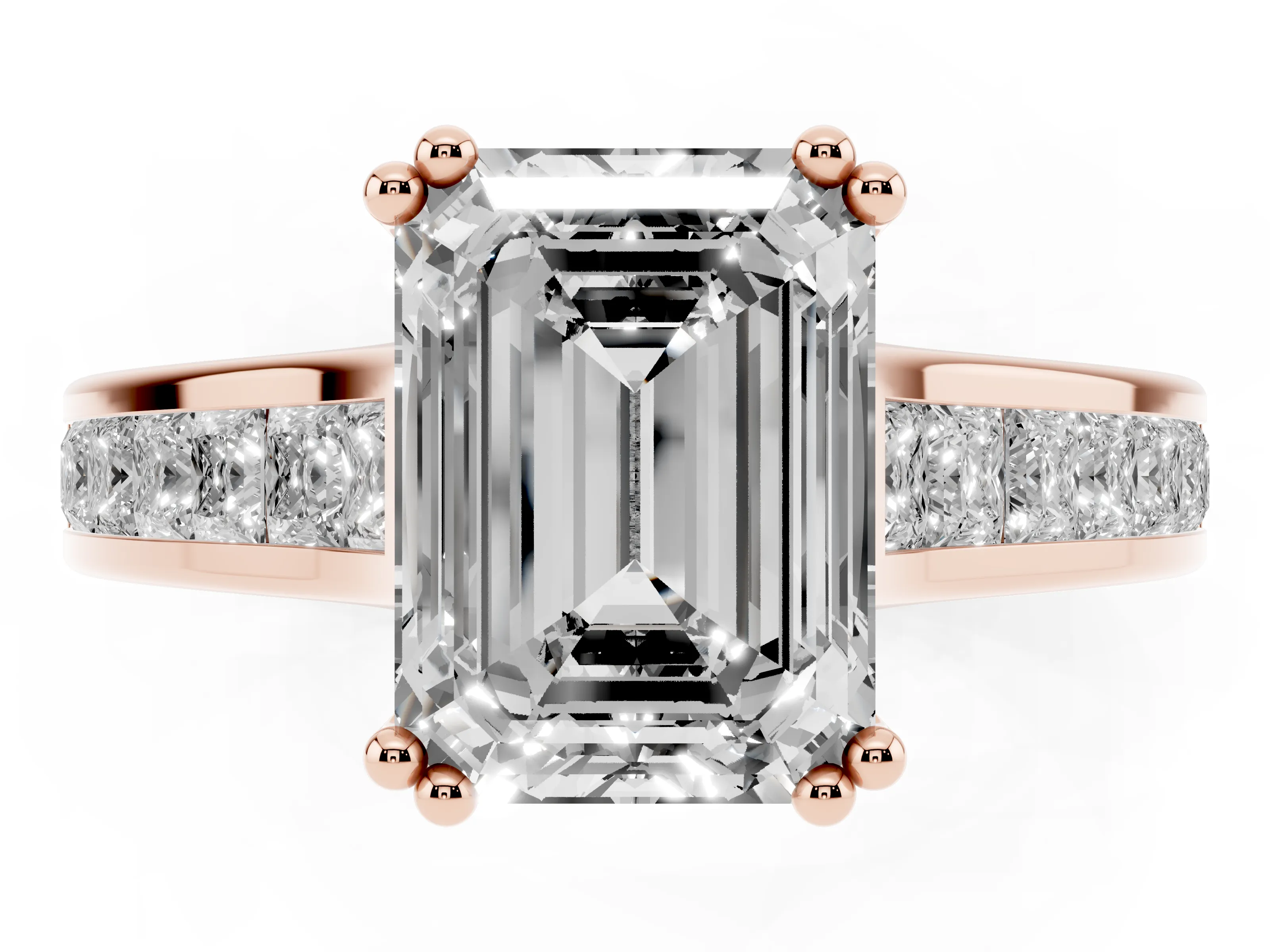 Emerald Cut Diamond Channel Set Solitaire Engagement Ring Set in Rose gold with Prong Setting