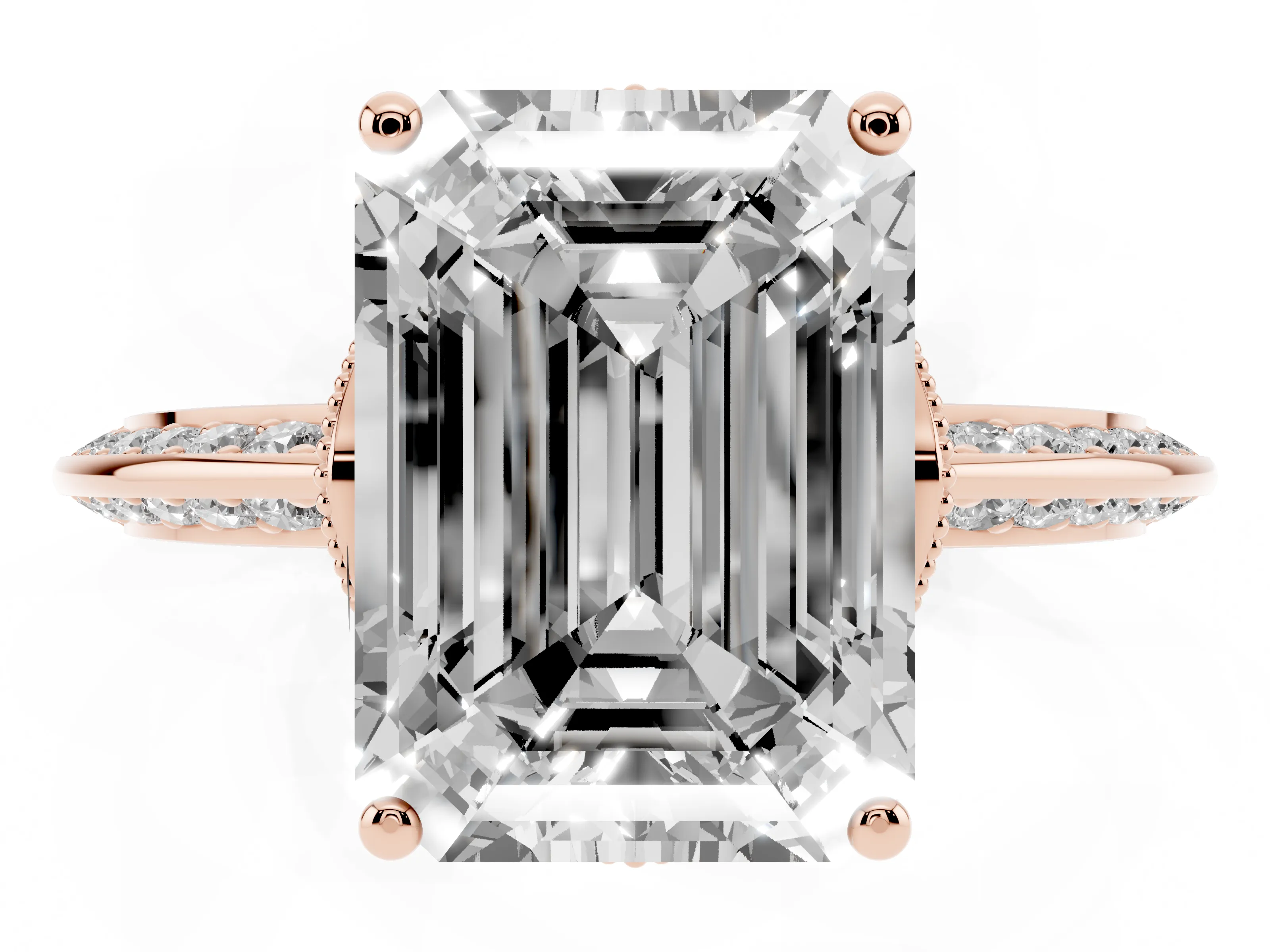 Emerald Cut Diamond Solitaire Engagement Ring Set in Rose gold with Pavé Split Shank and Prong Setting