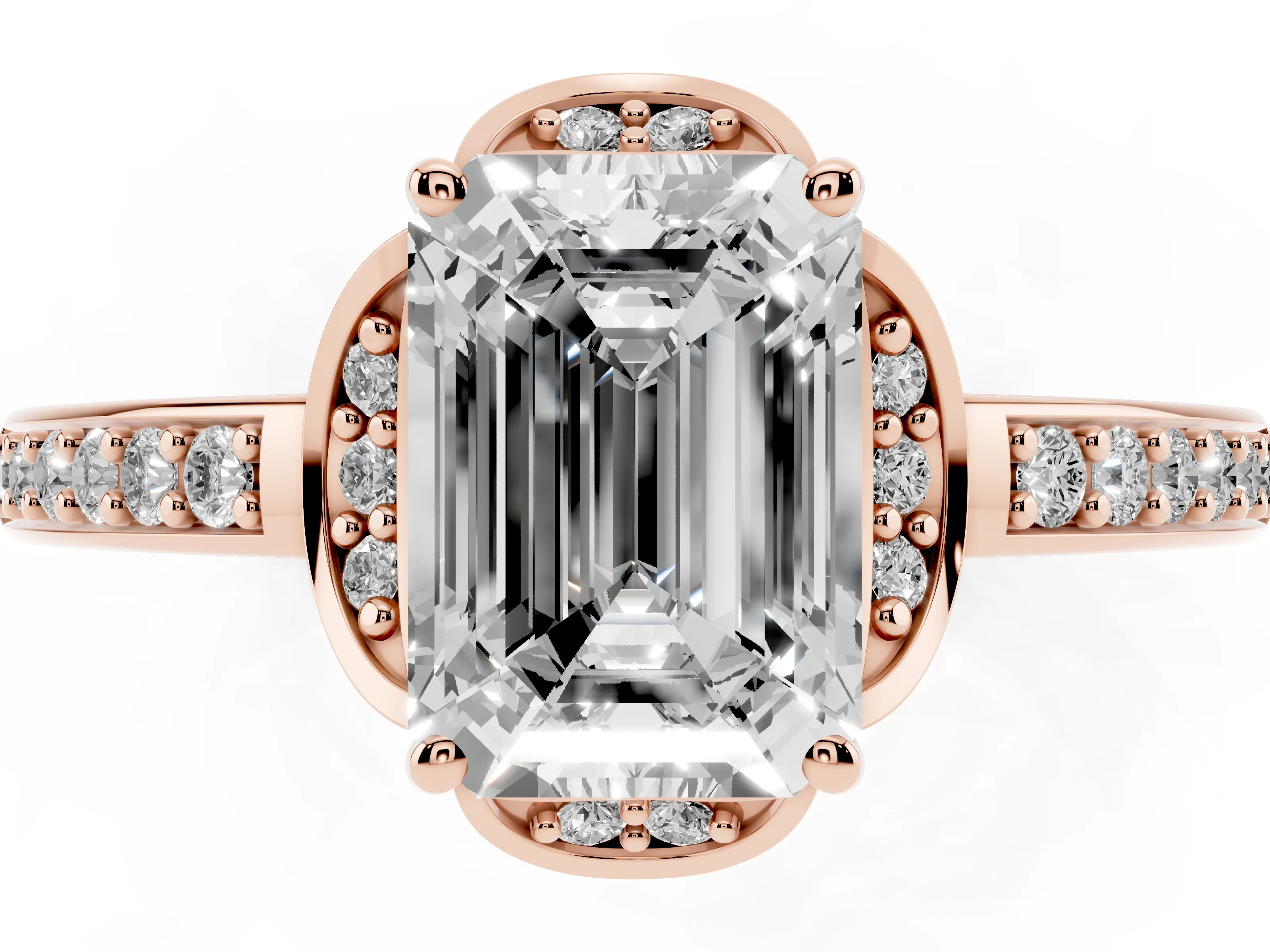 Emerald Cut Diamond Halo Ring Set in Rose gold with Channel Set Band and Prong Setting