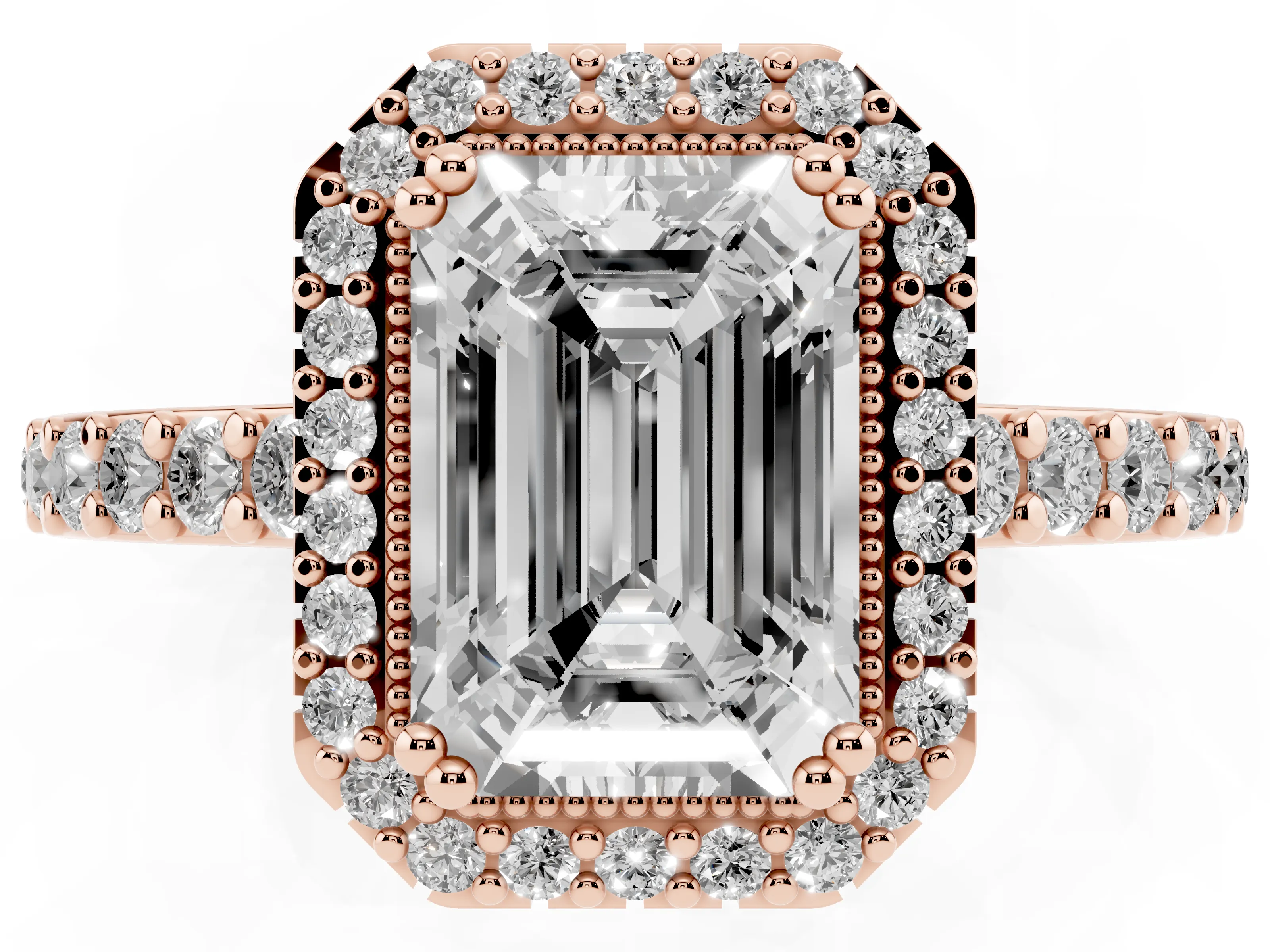 Emerald Cut Diamond Halo Engagement Ring Set in Rose gold with Milgrain Detail and Pavé Band