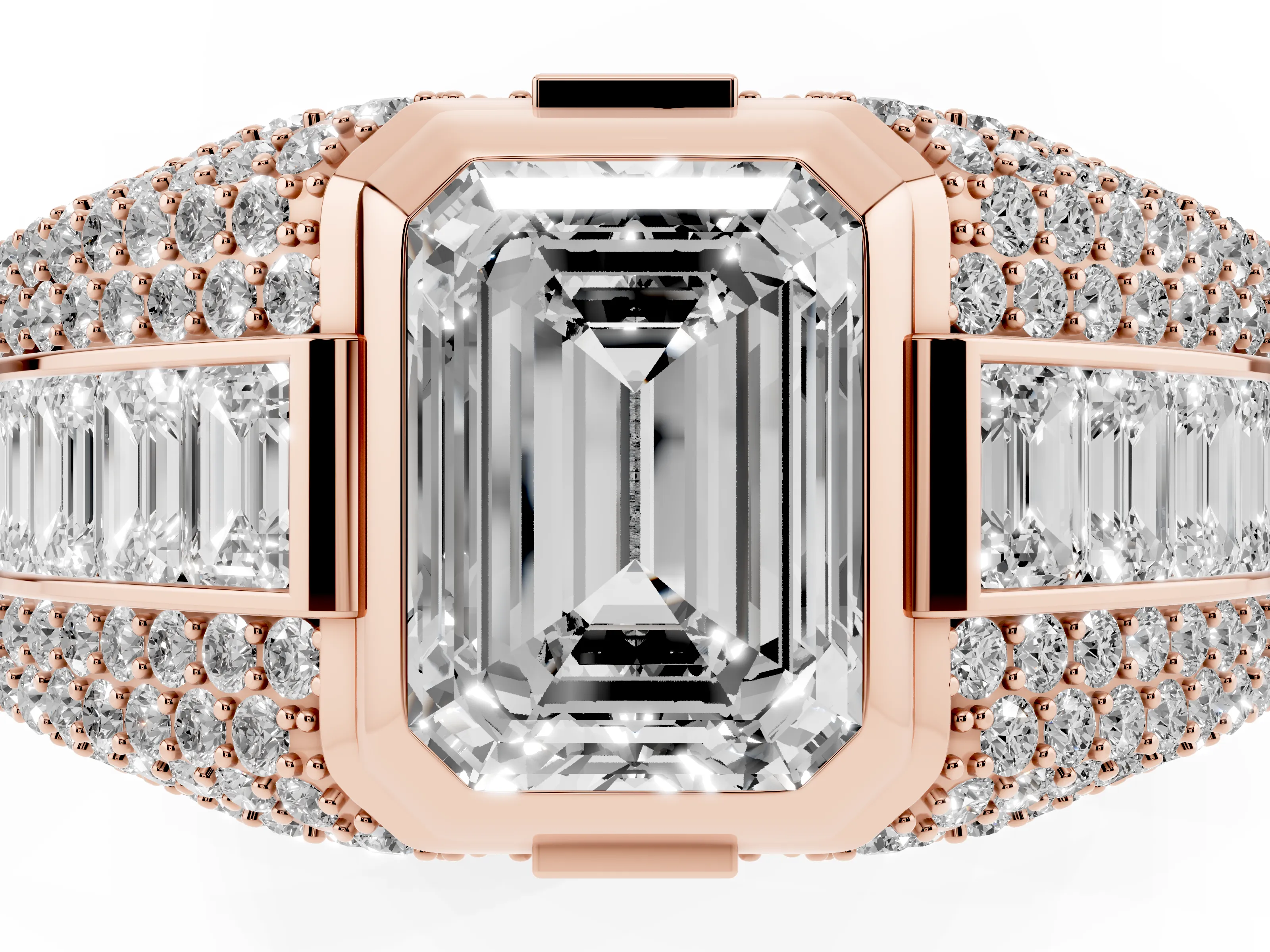 Emerald Cut Diamond Mens Ring Set in Rose gold with Structured Side Stones and Pavé Shoulders