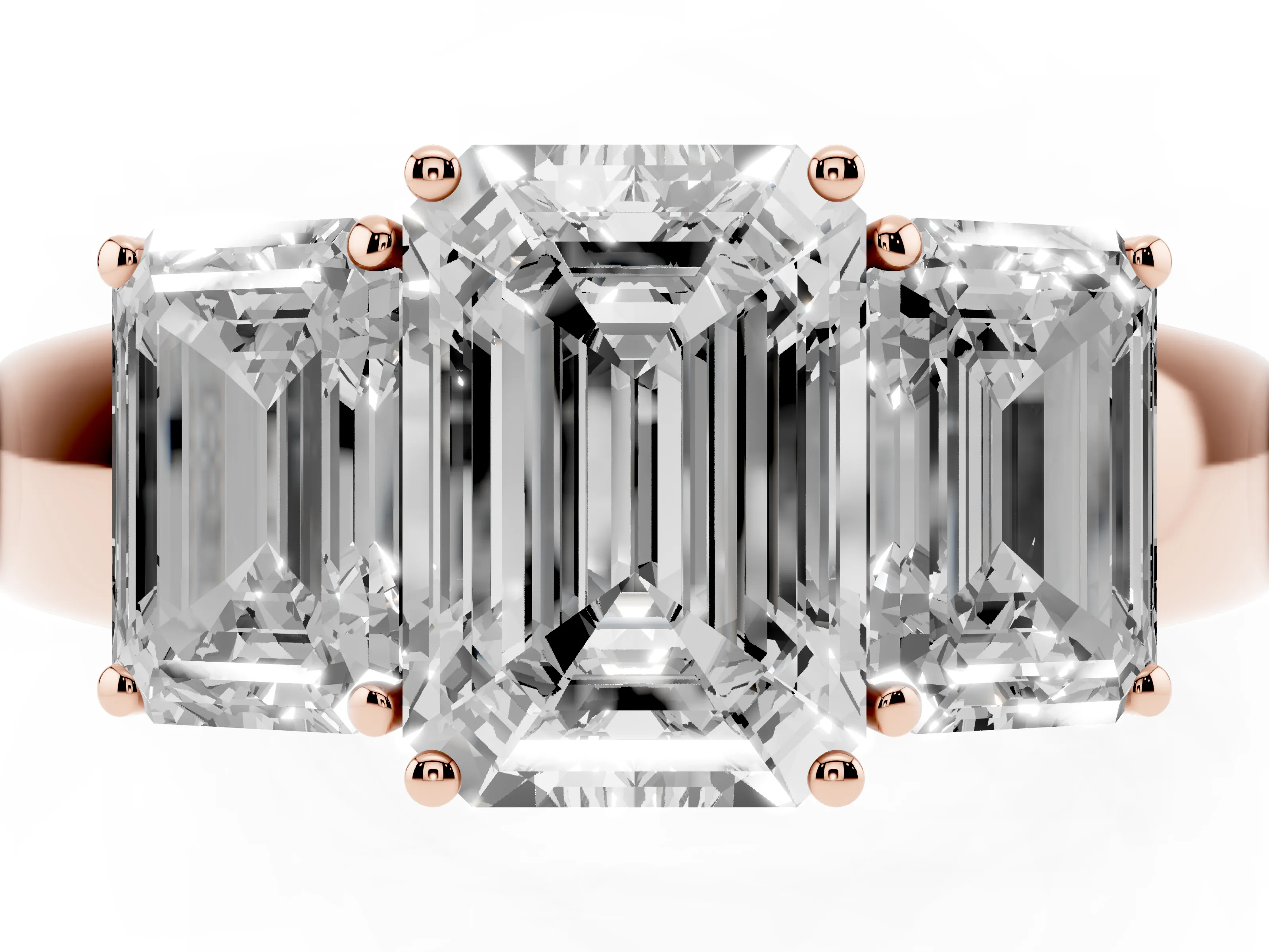 Three-Stone Emerald Cut Diamond Ring Set in Rose gold with Matching Prong Settings and Plain Band