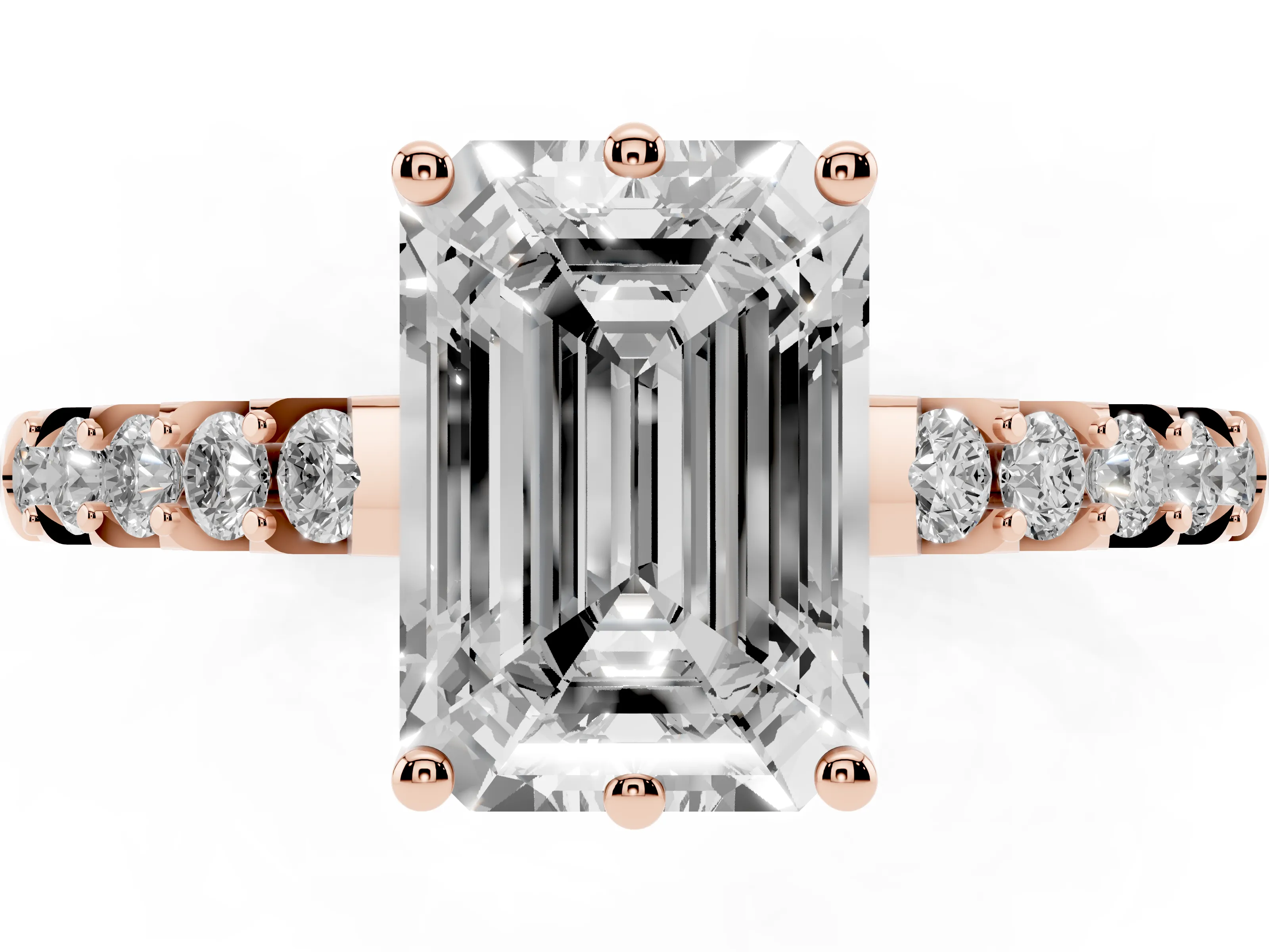 Emerald Cut Diamond Solitaire Engagement Ring Set in Rose gold with Pavé Band and Prong Setting