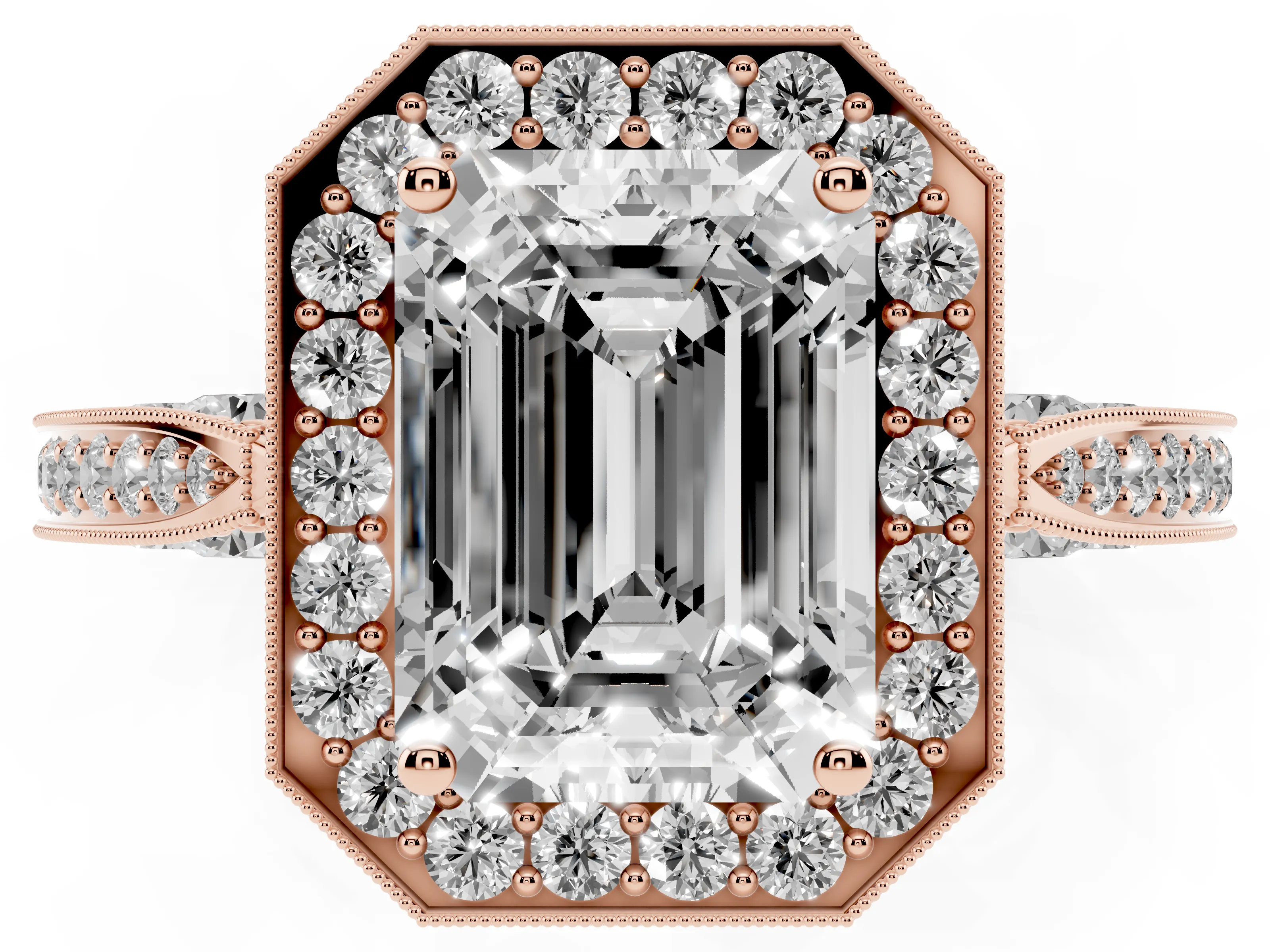 Emerald Cut Diamond Halo Engagement Ring Set in Rose gold with Accent Split Shank Band