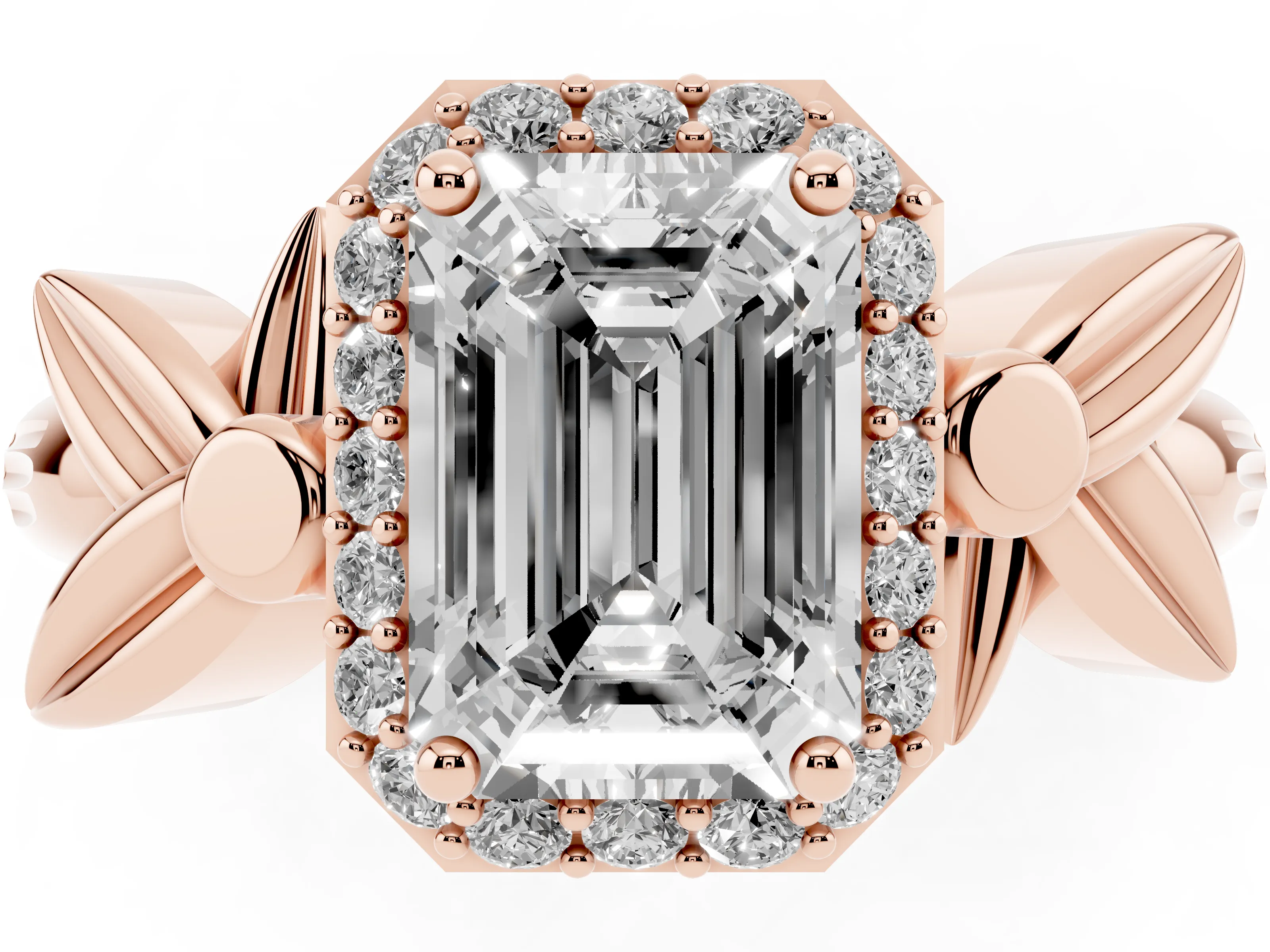 Emerald Cut Diamond Halo Floral Band Ring Set in Rose gold with Prong Setting