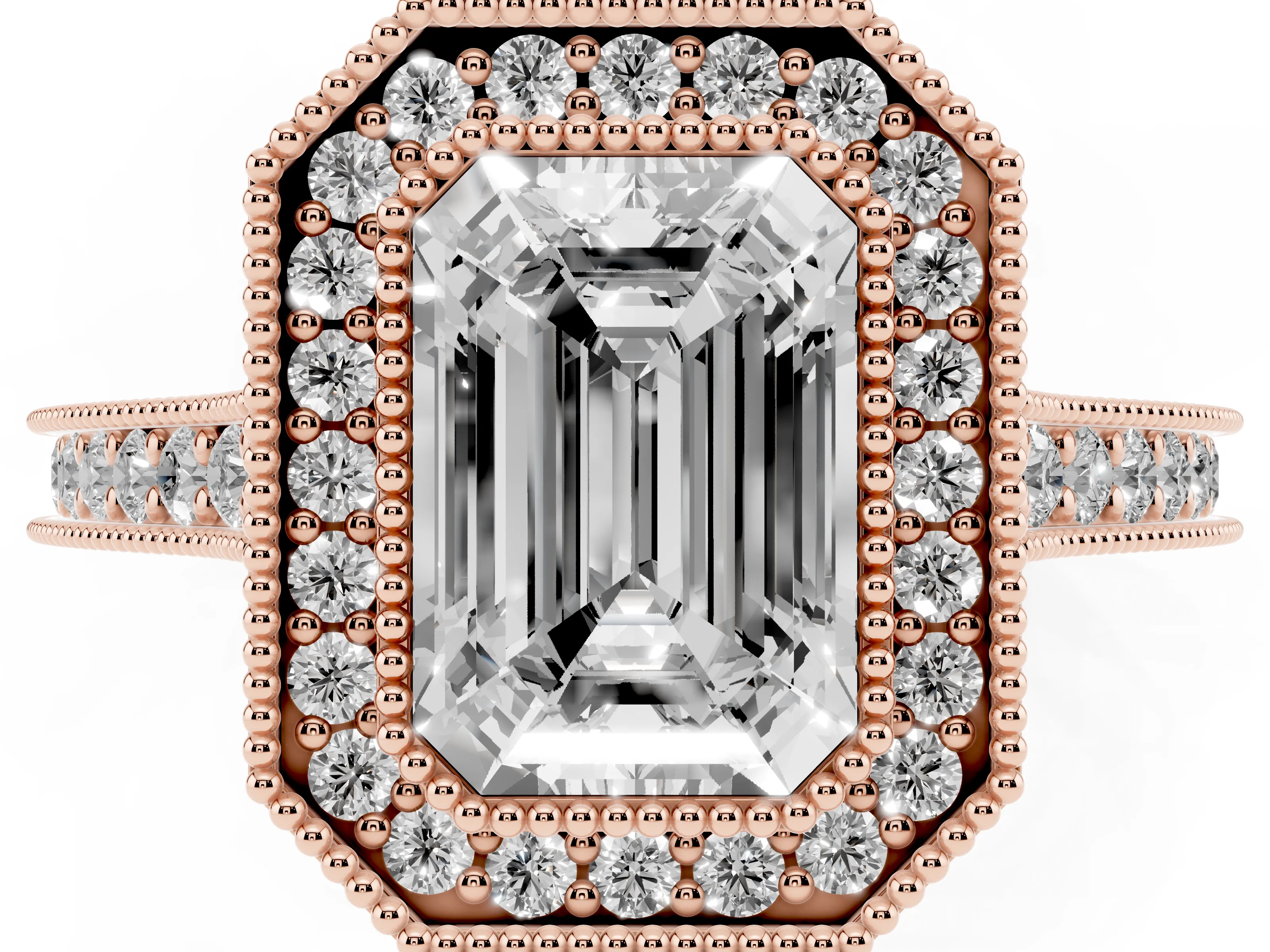Emerald Cut Diamond Halo Milgrain Pavé Band Ring Set in Rose gold with Prong Setting