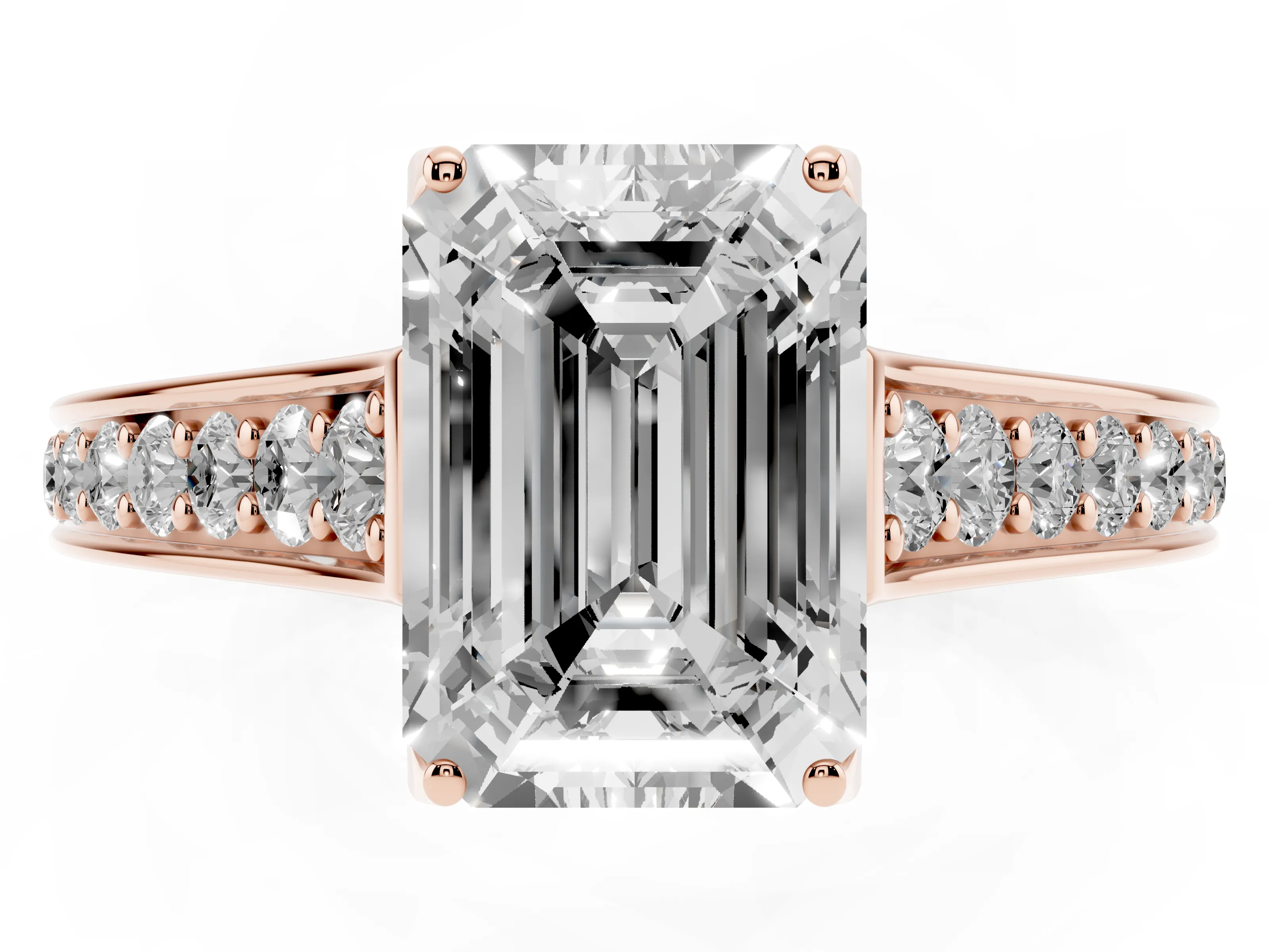 Emerald Cut Diamond Solitaire Pavé Engagement Ring Set in Rose gold with Prong Setting