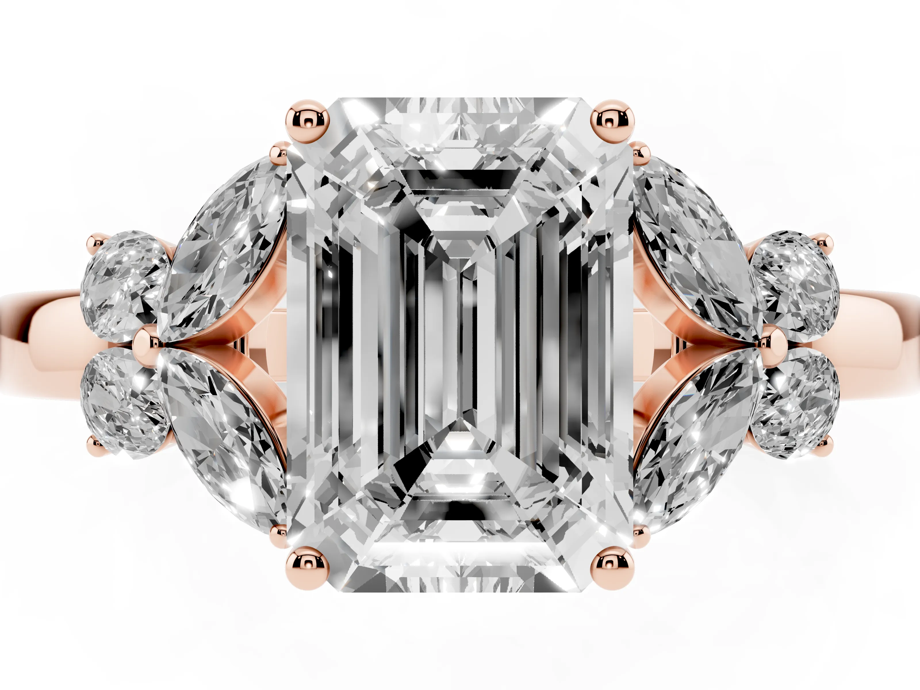 Emerald Cut Diamond Solitaire Floral Ring Set in Rose gold with Marquise Petals and Prong Setting