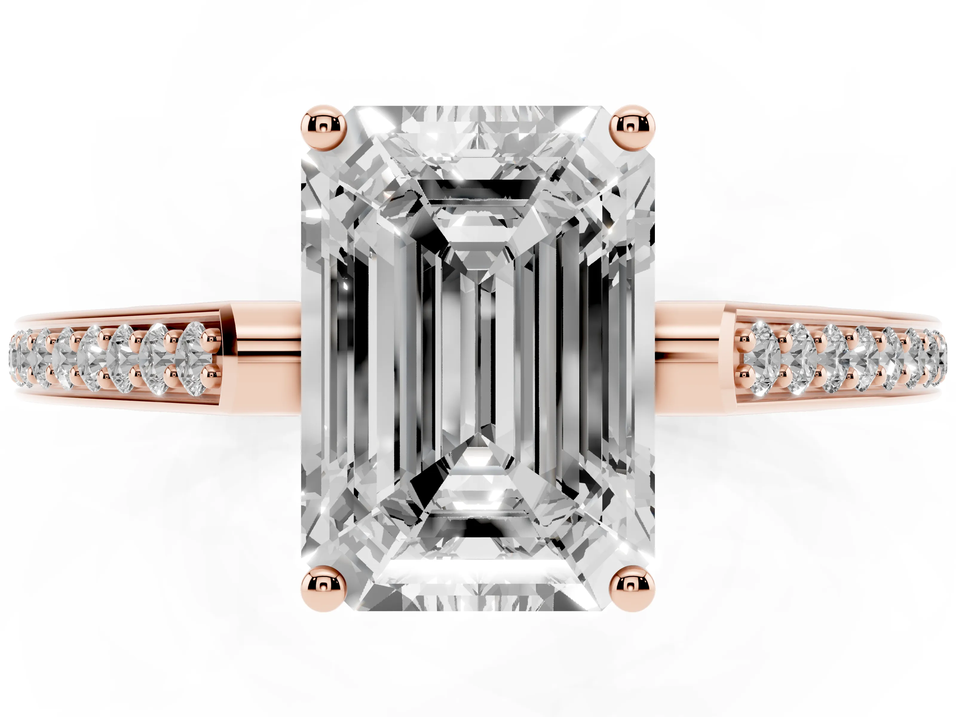 Emerald Cut Diamond Cathedral Pavé Engagement Ring Set in Rose gold with Prong Setting