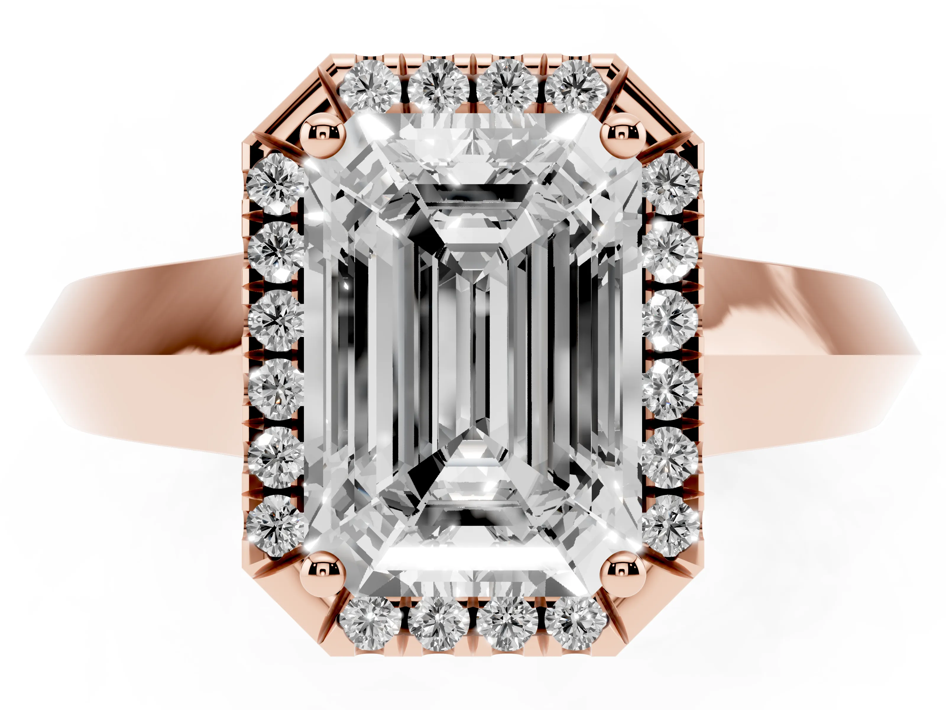 Emerald Cut Diamond Halo Ring Set in Rose gold with Cathedral Band and Prong Setting