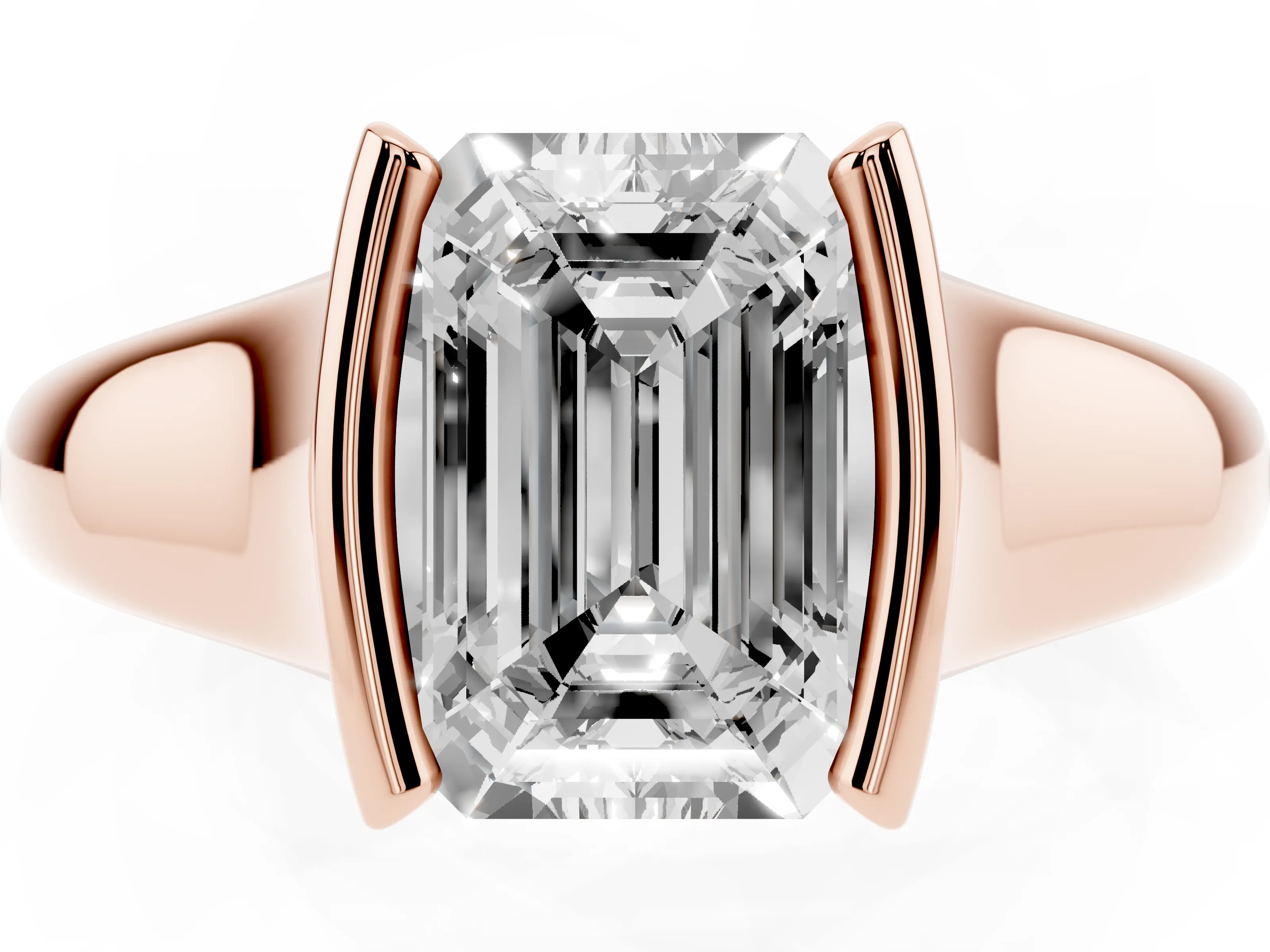 Emerald Cut Diamond Solitaire Tension Set Ring Set in Rose gold with Split Shank Band