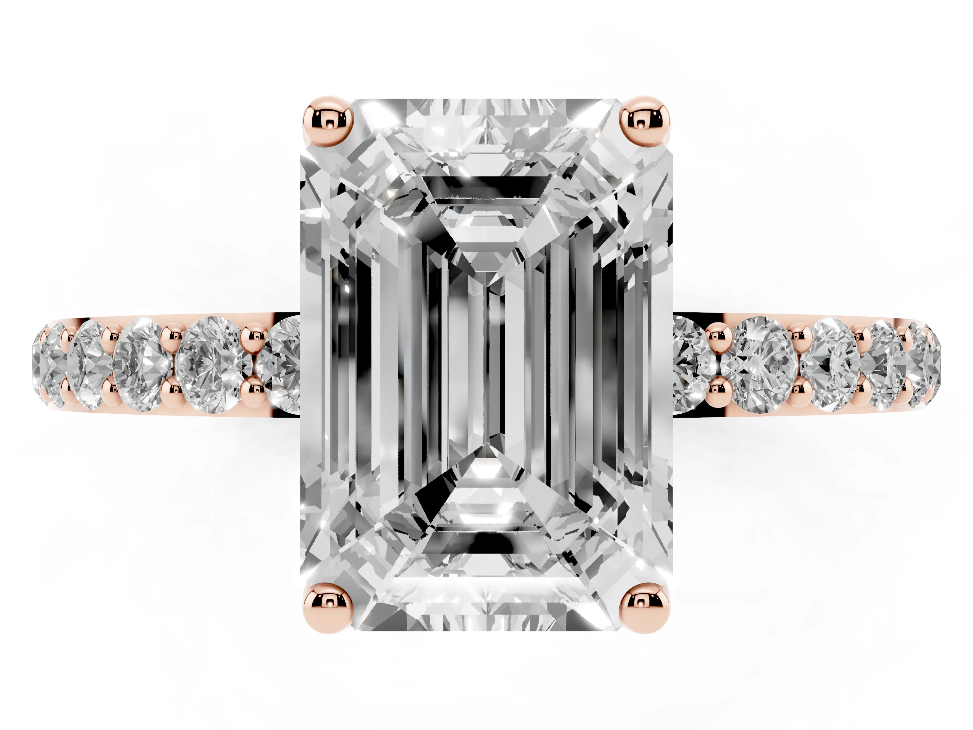 Emerald Cut Diamond Solitaire Engagement Ring Set in Rose gold with Round Pavé Band and Prong Setting