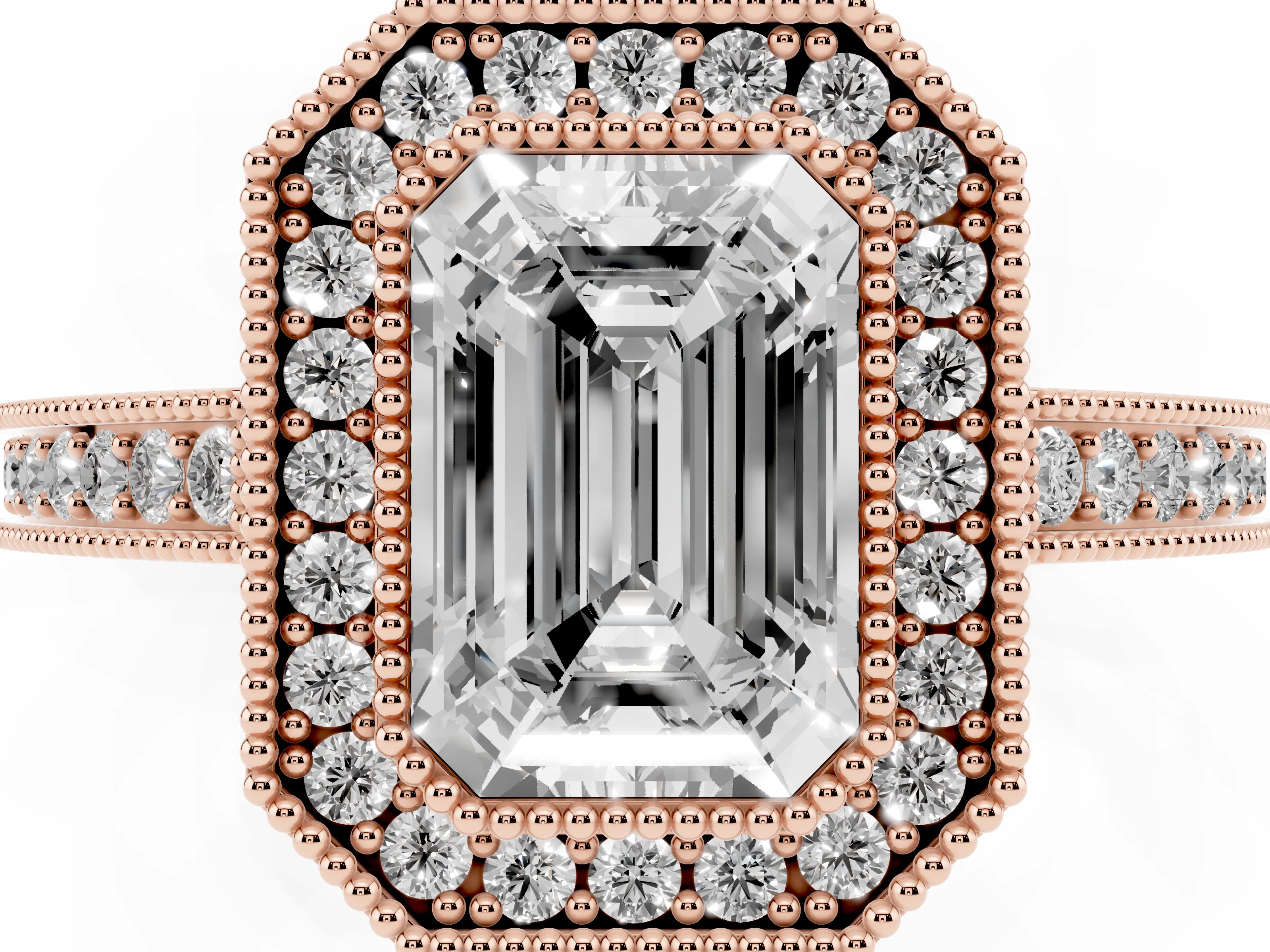 Emerald Cut Diamond Round Halo Ring Set in Rose gold with Pavé Band