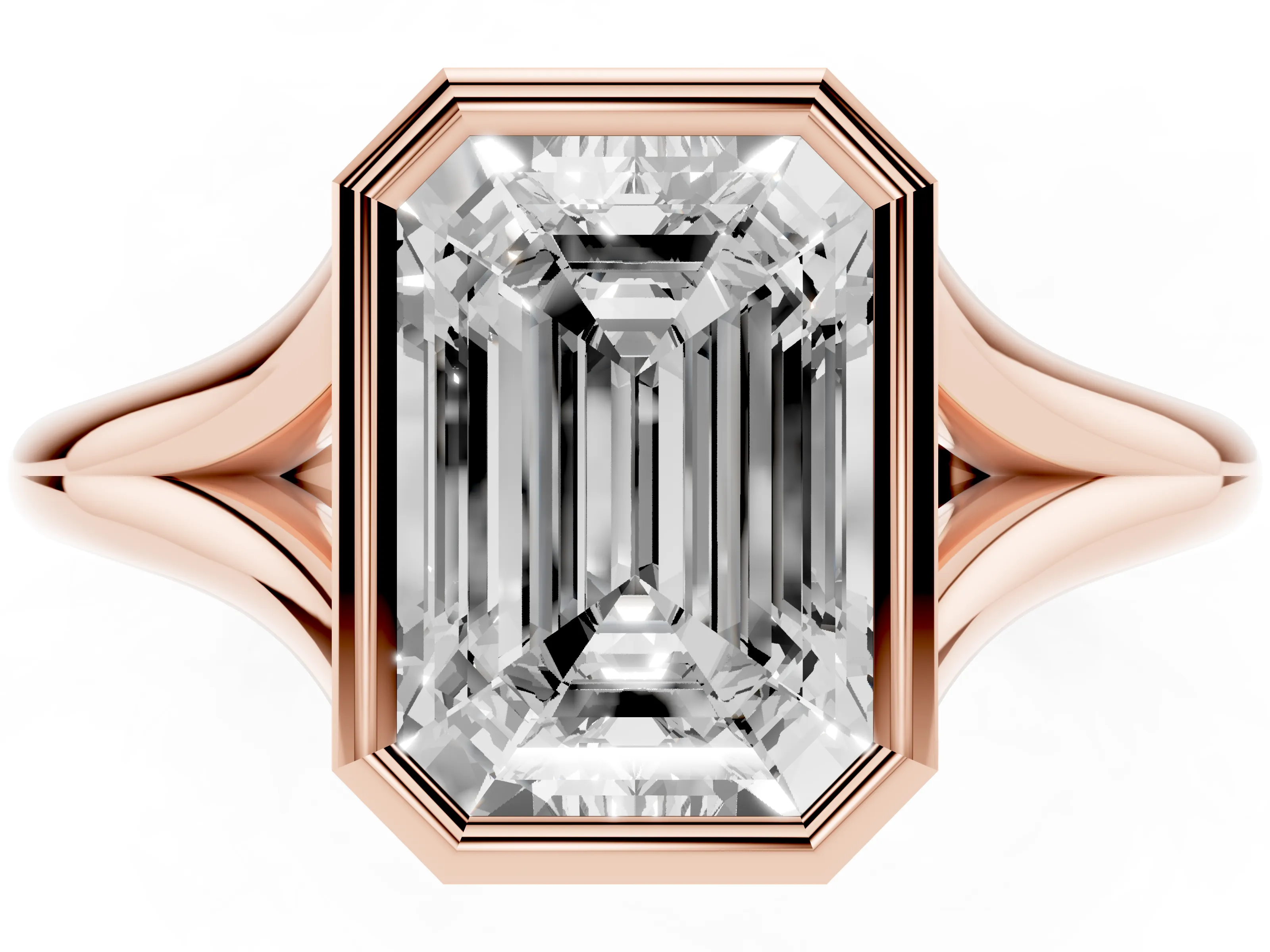 Bezel Set Emerald Cut Diamond Solitaire Ring Set in Rose gold with Tapered Band