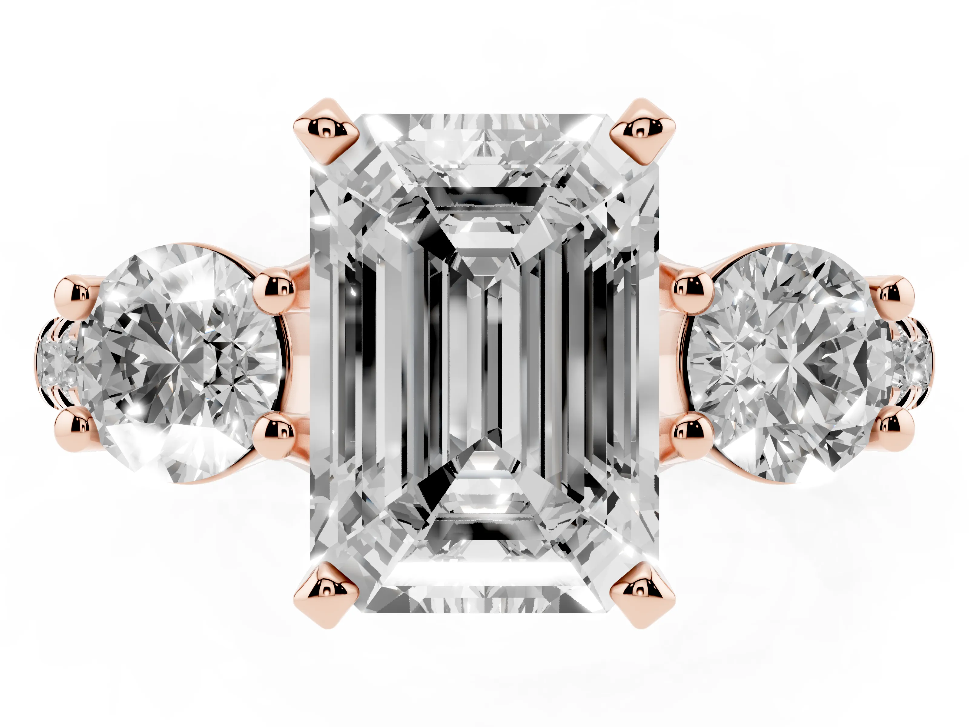 Three-Stone Emerald Cut Diamond Pavé Band Ring Set in Rose gold with Prong-Set Trio