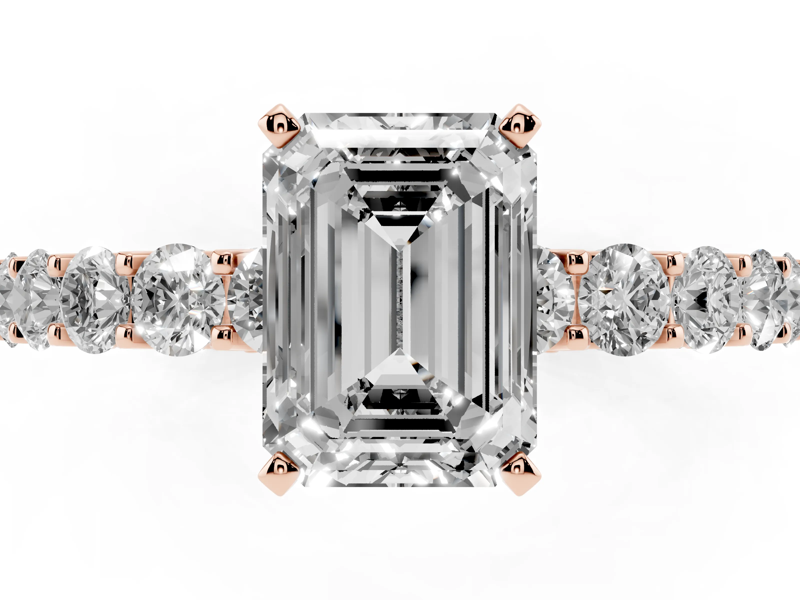Emerald Cut Diamond Solitaire Ring Set in Rose gold with Shared Prong Pavé Band