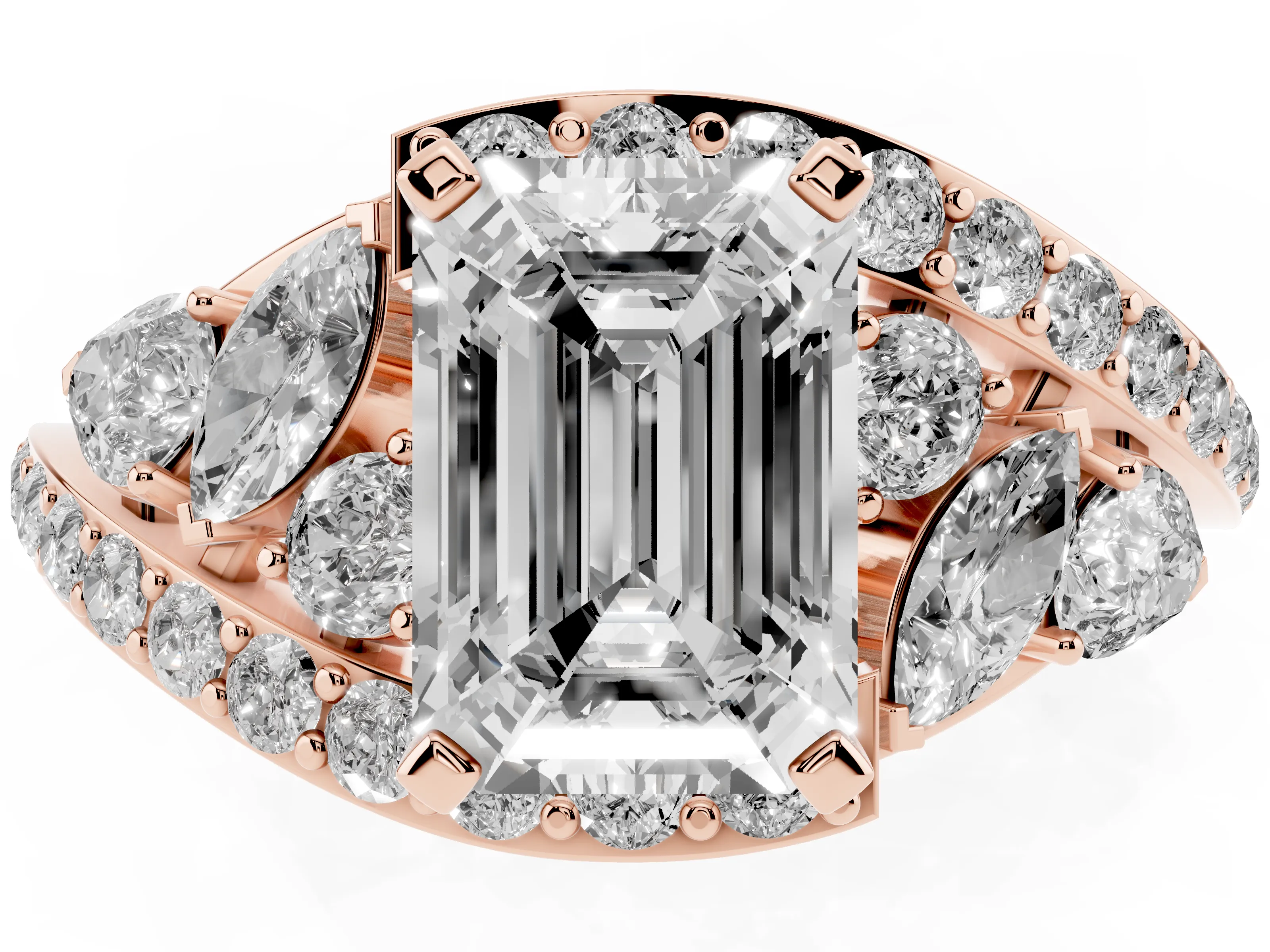 Emerald Cut Diamond Halo Ring Set in Rose gold with Marquise and Pavé Band in Prong Setting