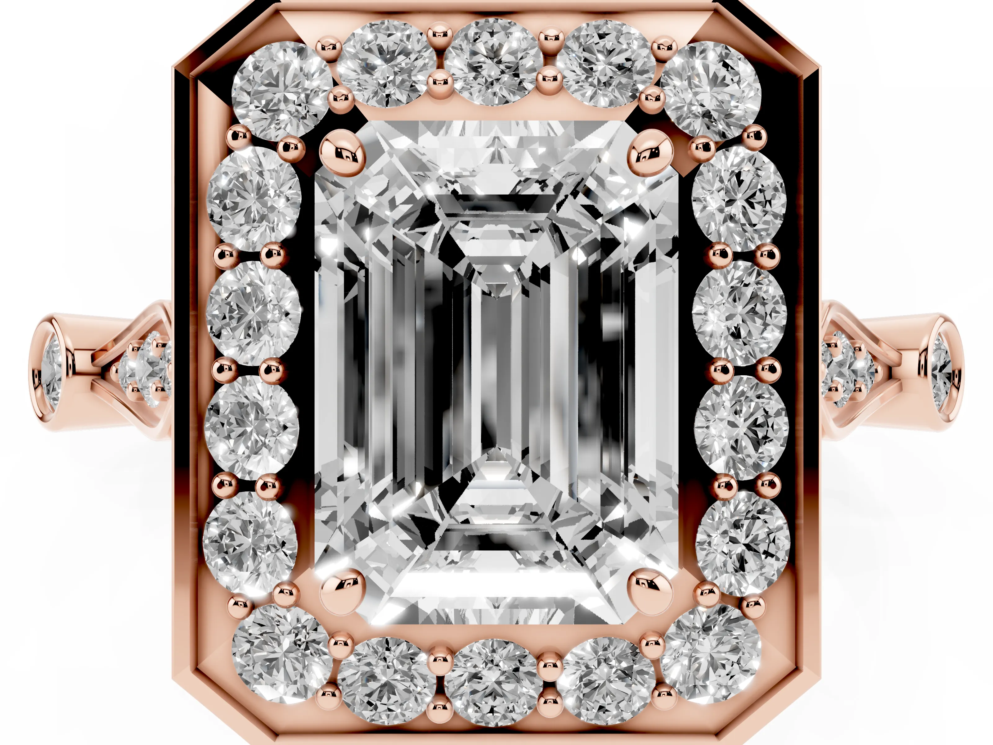 Emerald Cut Diamond Halo Engagement Ring Set in Rose gold with Twisted Band and Prong Setting