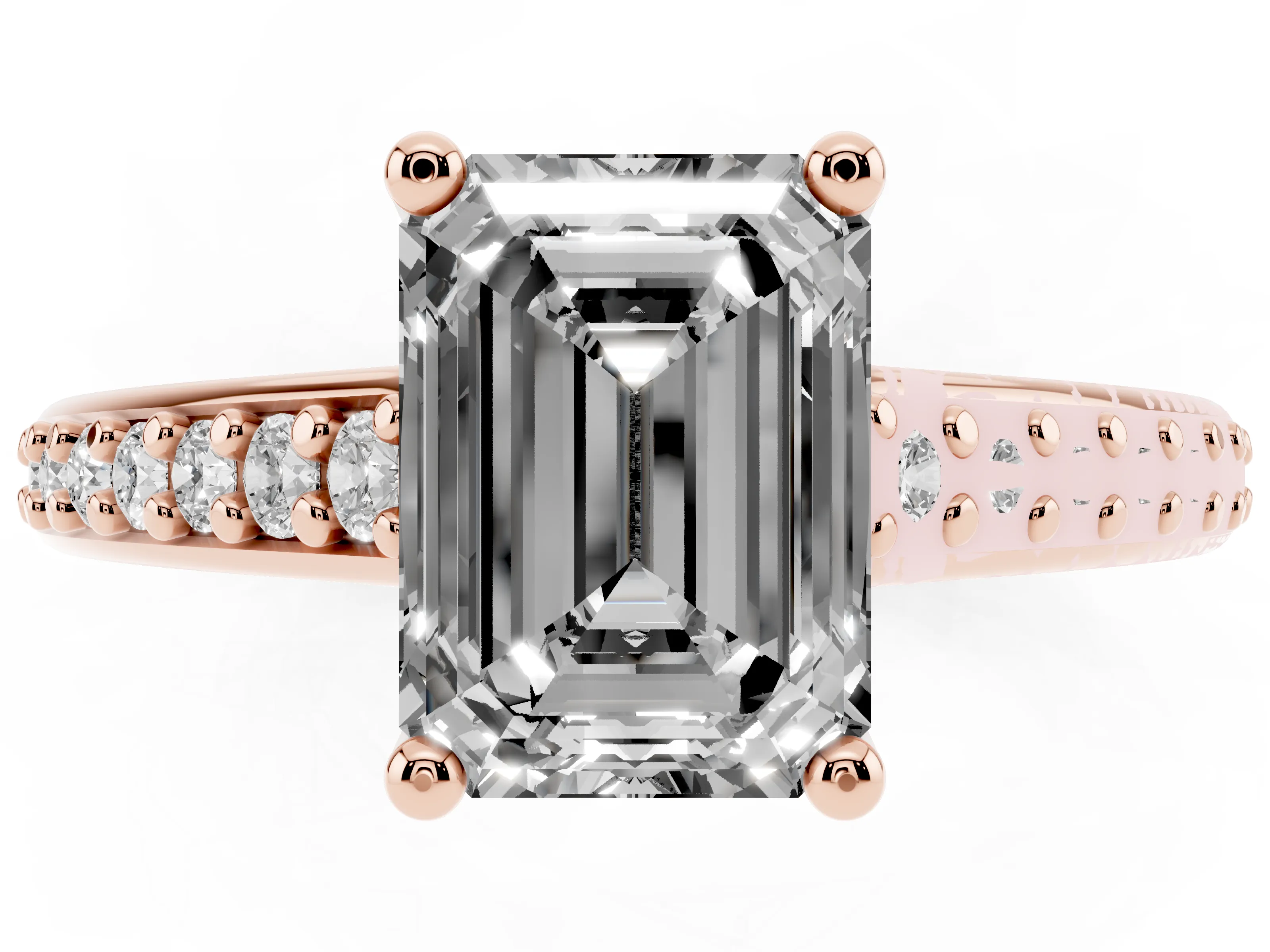 Emerald Cut Diamond Prong Set Solitaire Engagement Ring Set in Rose gold with Pavé Band