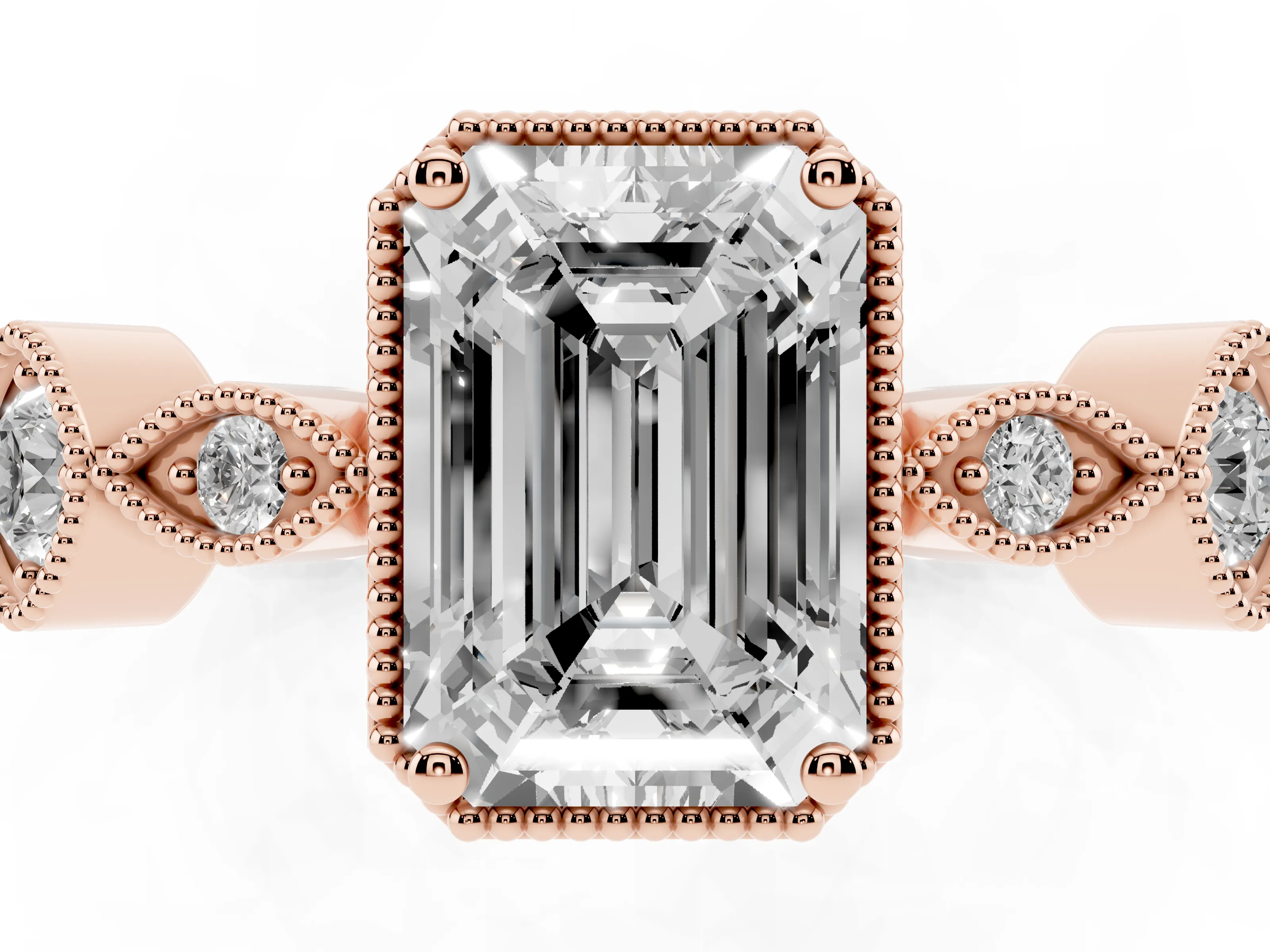 Emerald Cut Diamond Vintage-Inspired Milgrain Ring Set in Rose gold with Marquise Stations of Round Accents