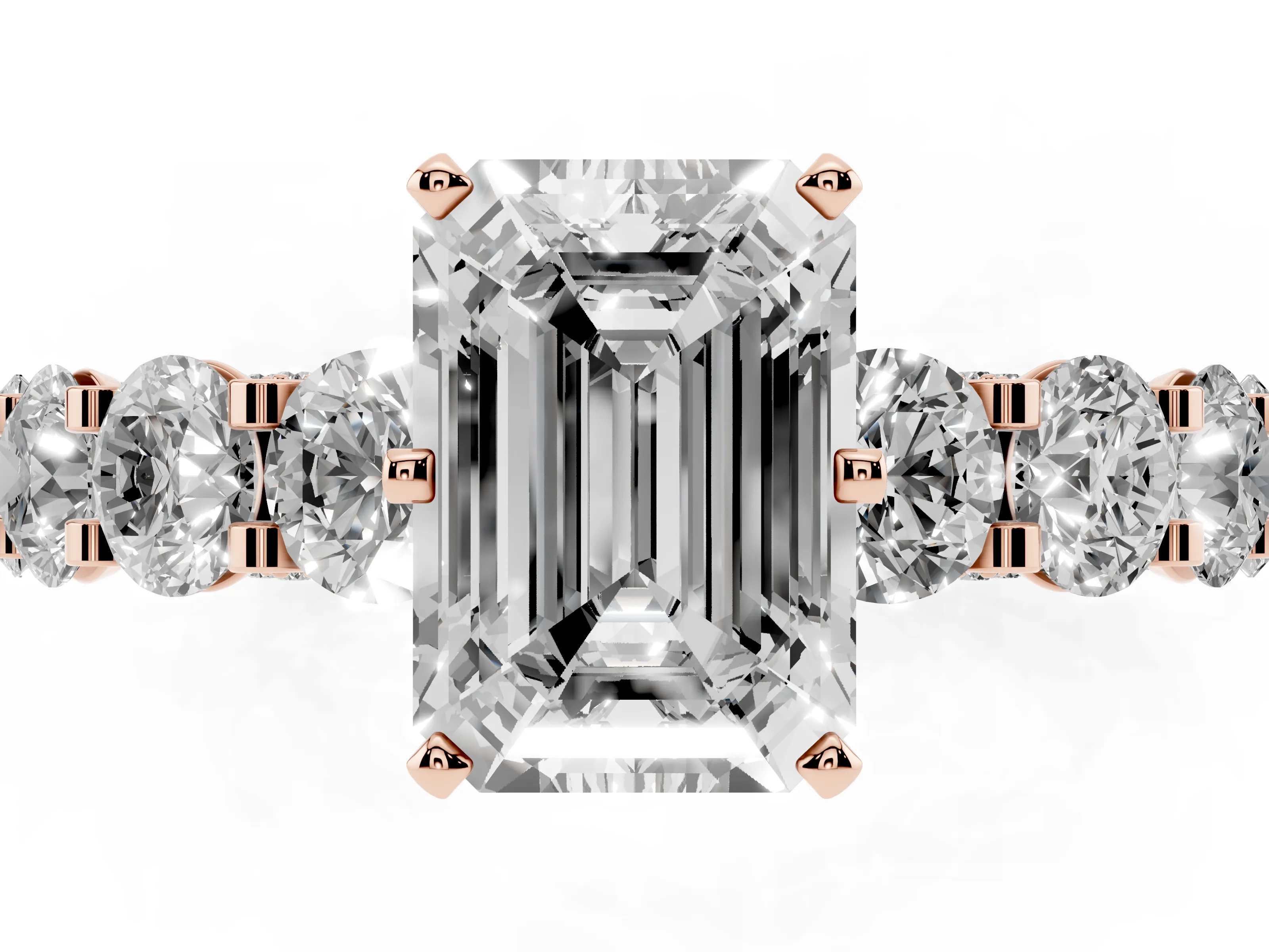 Emerald Cut Diamond Side Stone Ring Set in Rose gold with Alternating Round and Oval Side Stones