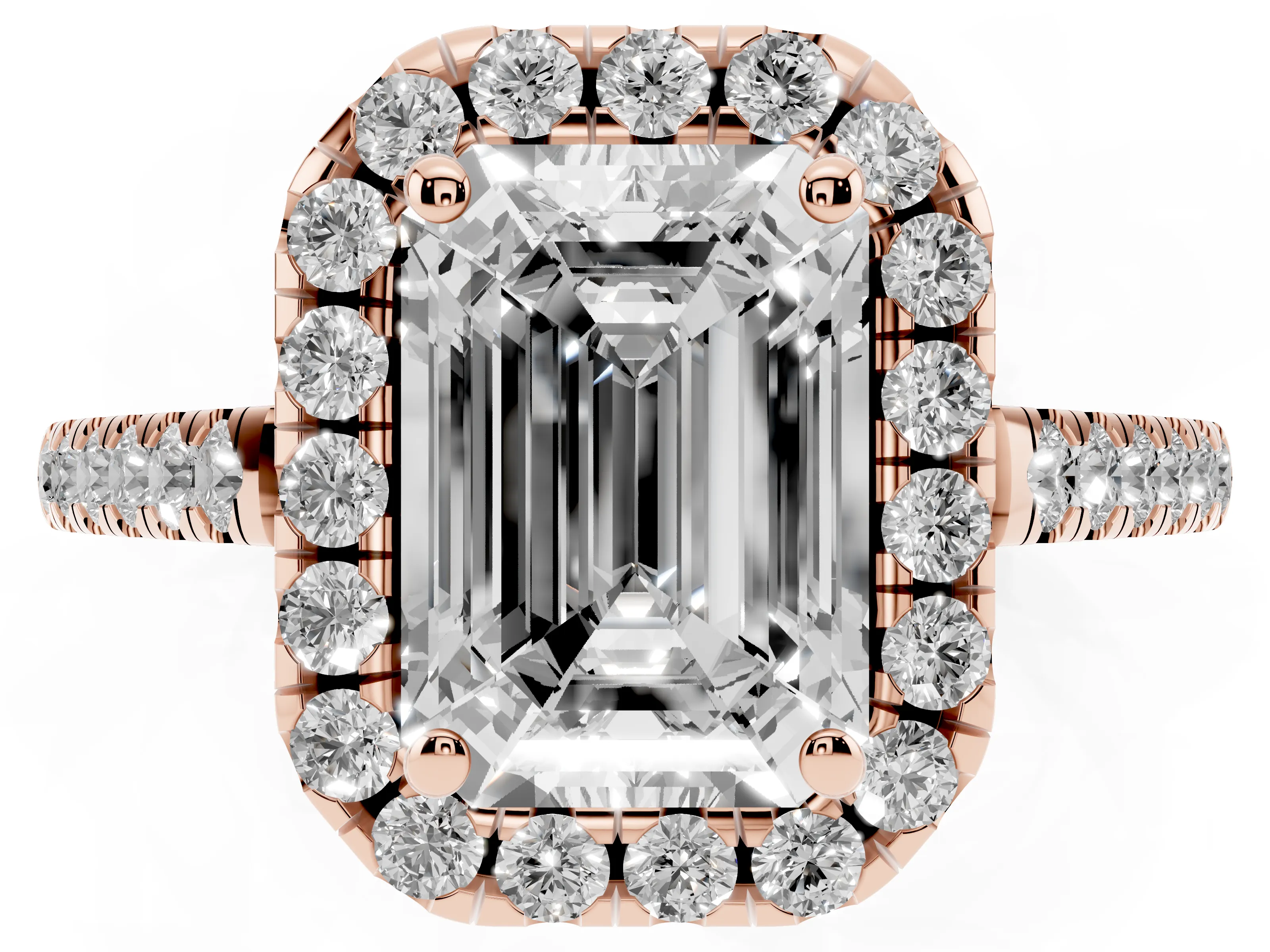 Emerald Cut Diamond Pavé Halo Engagement Ring Set in Rose gold with Pavé Band and Prong Setting