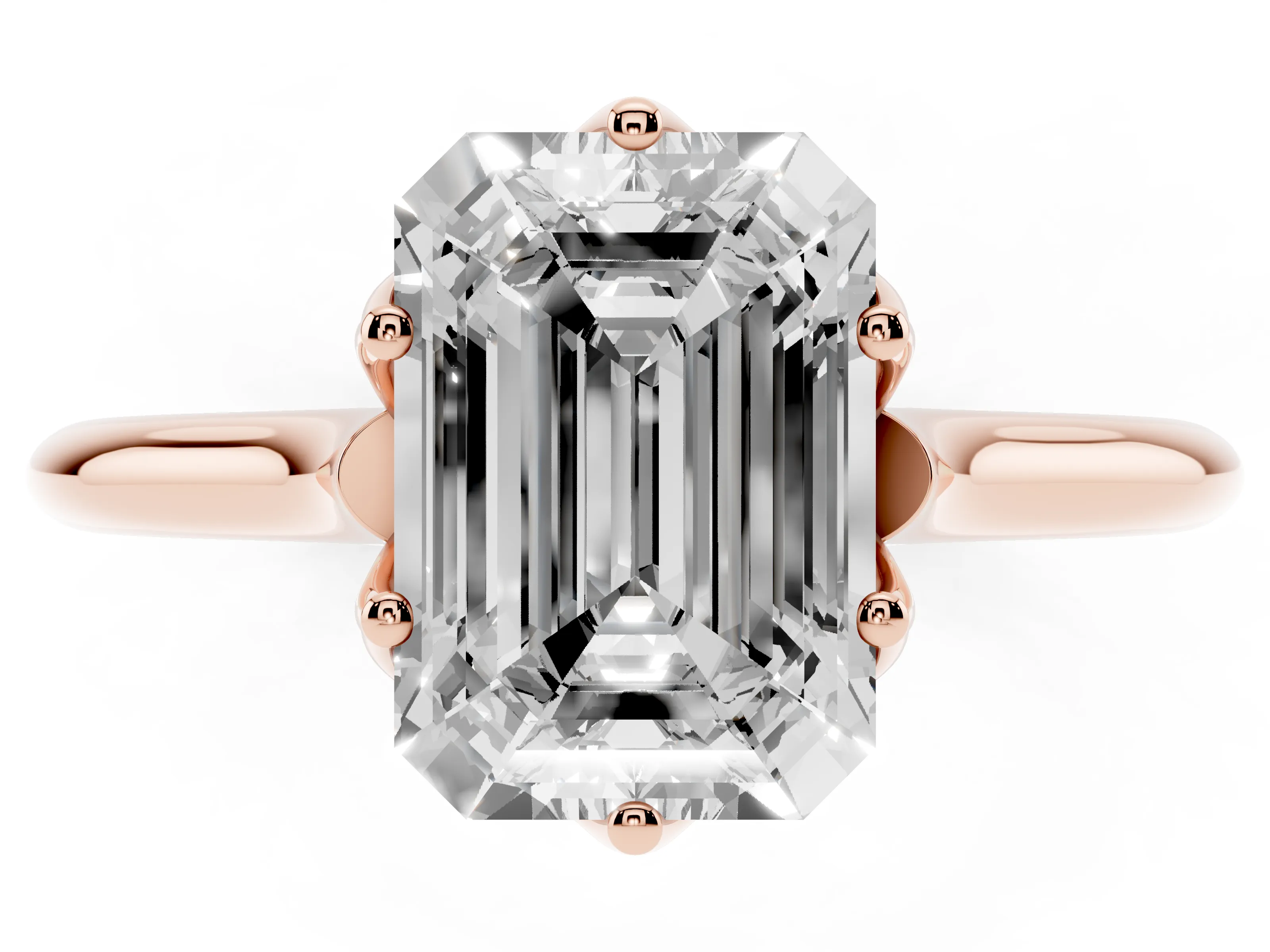 Emerald Cut Diamond Solitaire Cathedral Ring Set in Rose gold with Prong Setting