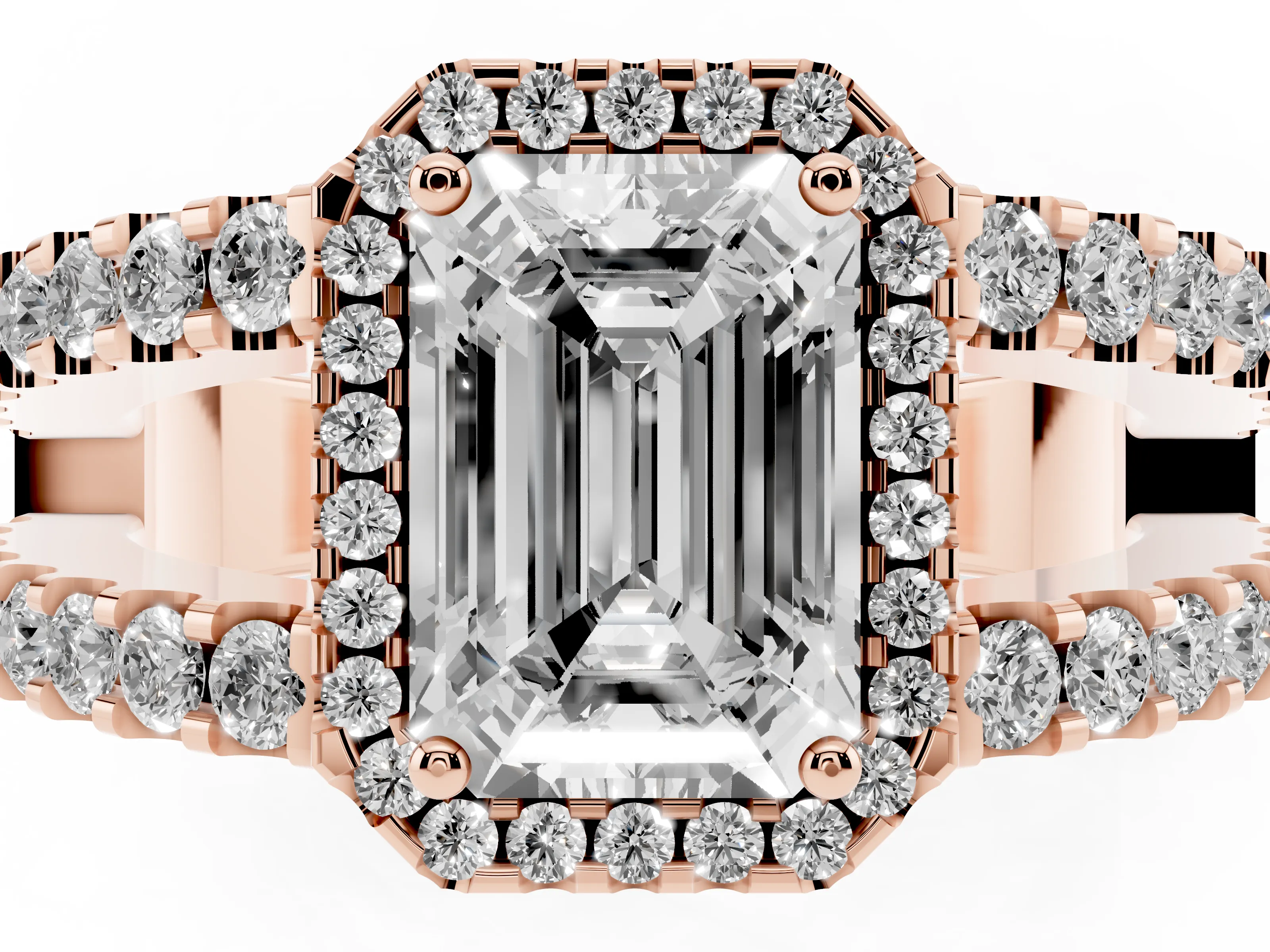 Emerald Cut Diamond Halo Ring Set in Rose gold with Pavé Split Shank and Prong Setting