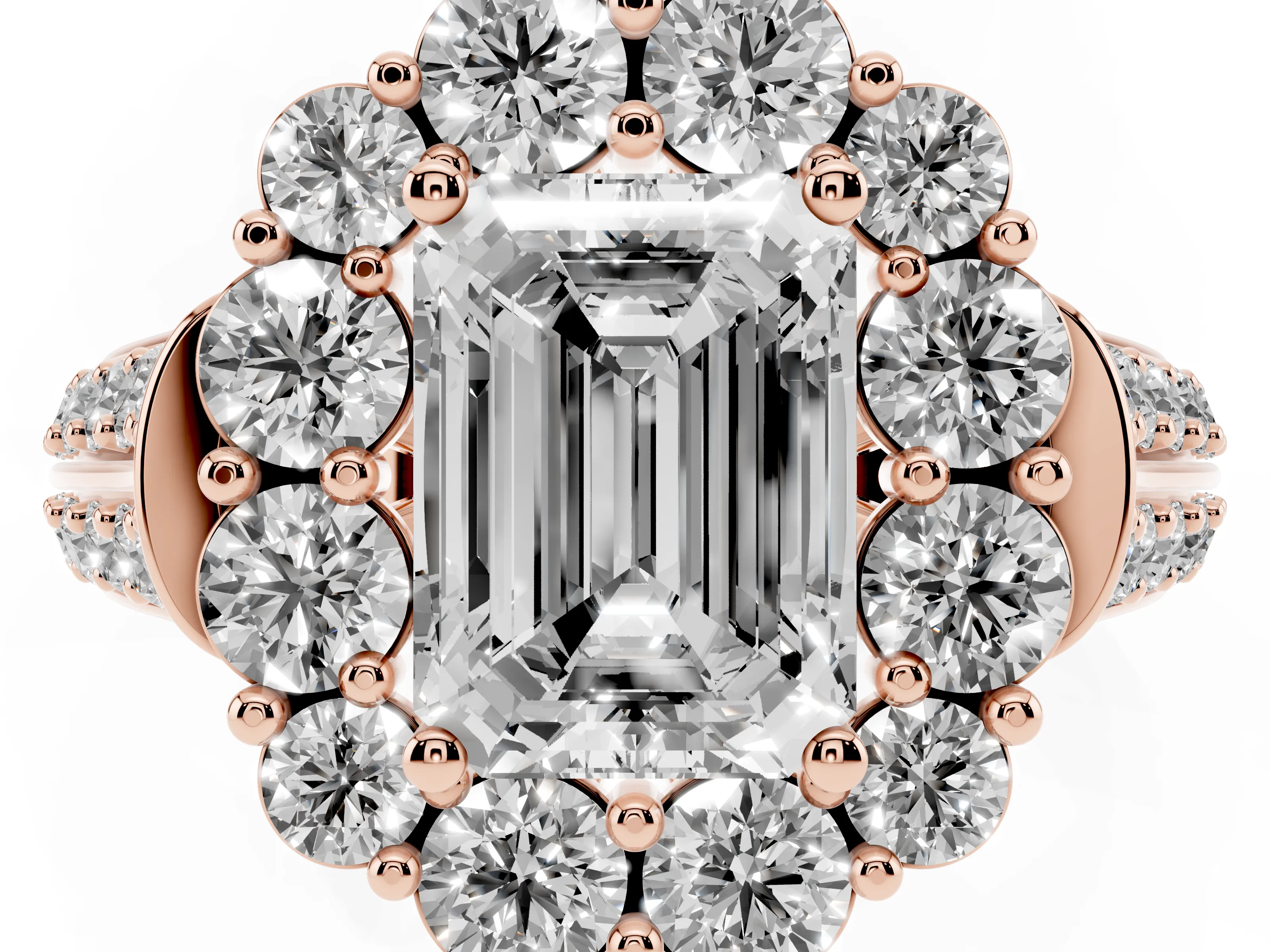 Emerald Cut Diamond Halo Engagement Ring Set in Rose gold with Split Shank and Prong Setting